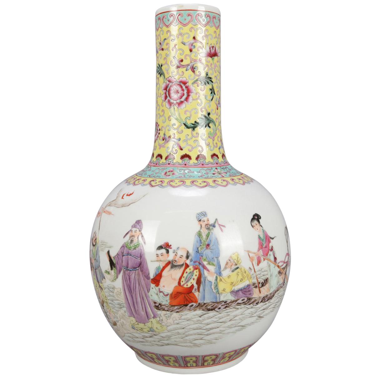 Chinese Enameled Porcelain Pictorial Vase, Chop Mark Signed and Verbiage