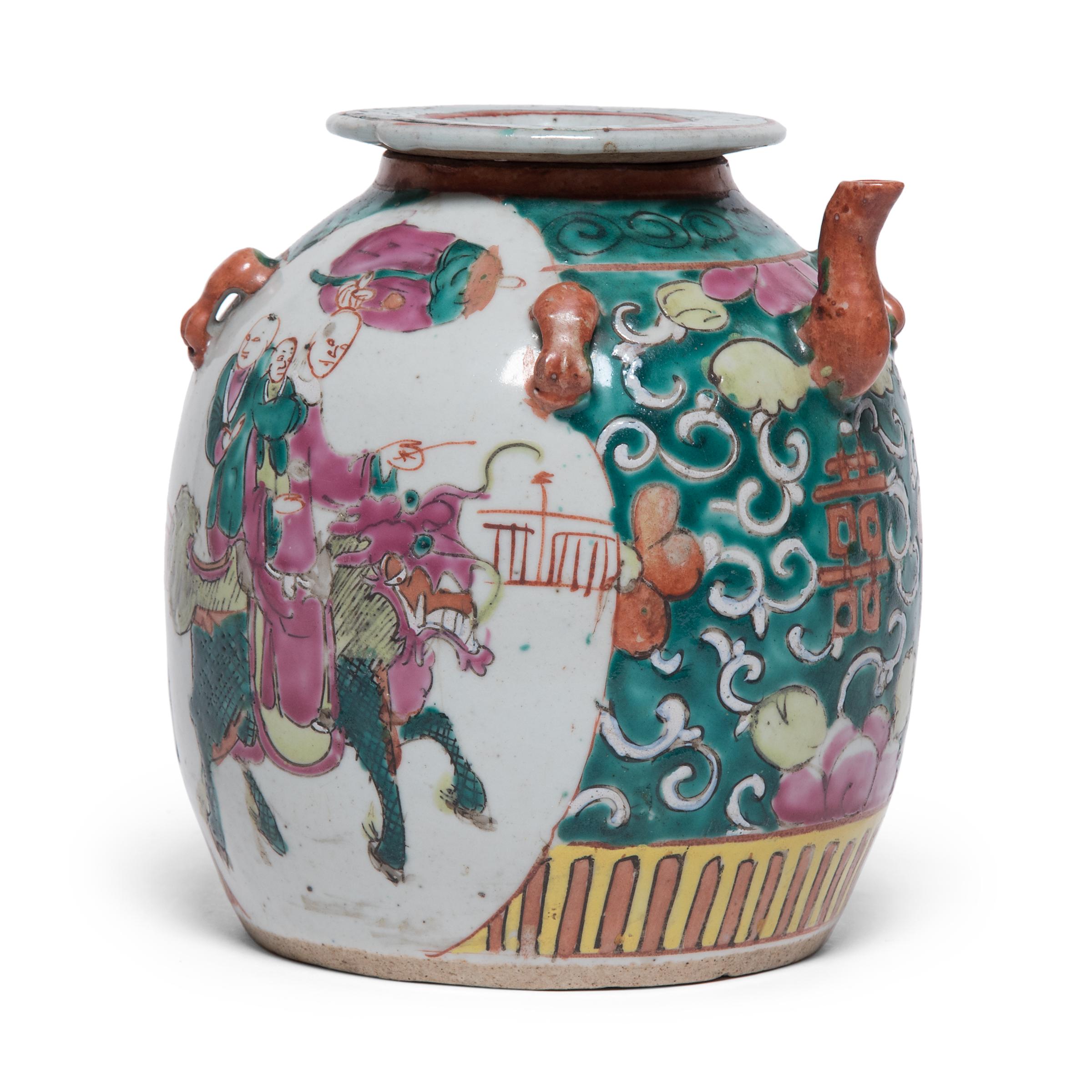 Chinese Enameled Teapot with Mythical Qilin, c. 1920s In Good Condition For Sale In Chicago, IL