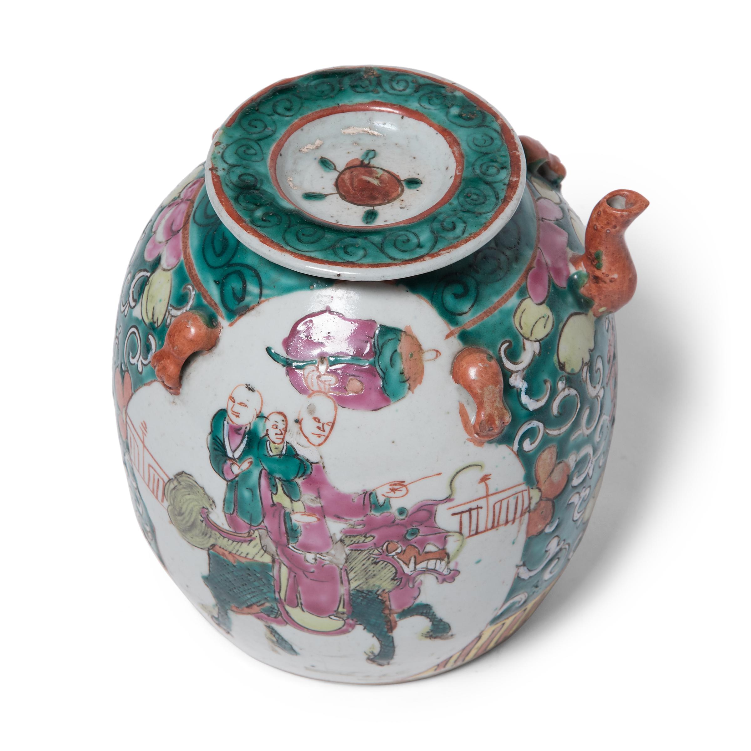 20th Century Chinese Enameled Teapot with Mythical Qilin, c. 1920s For Sale
