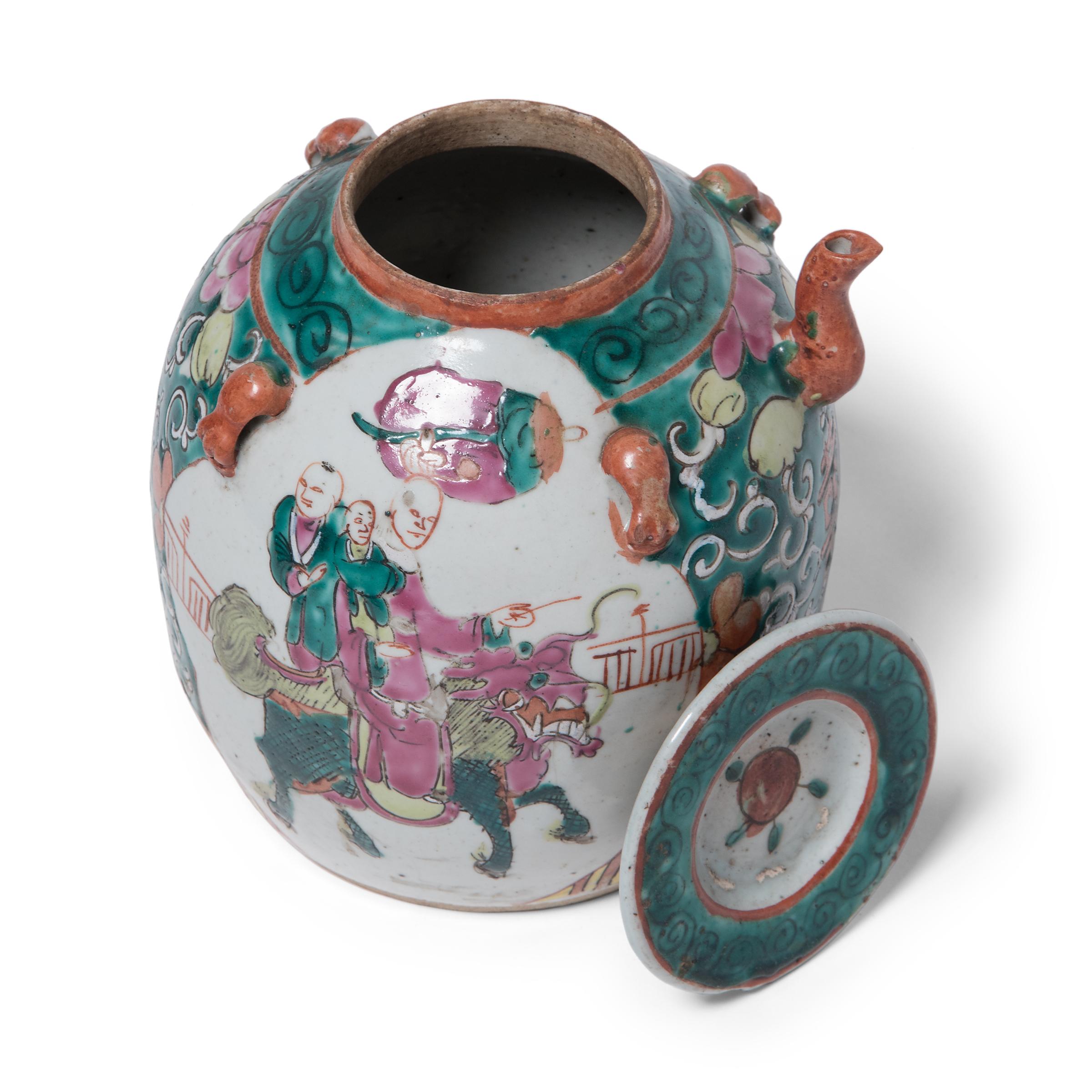 Ceramic Chinese Enameled Teapot with Mythical Qilin, c. 1920s For Sale