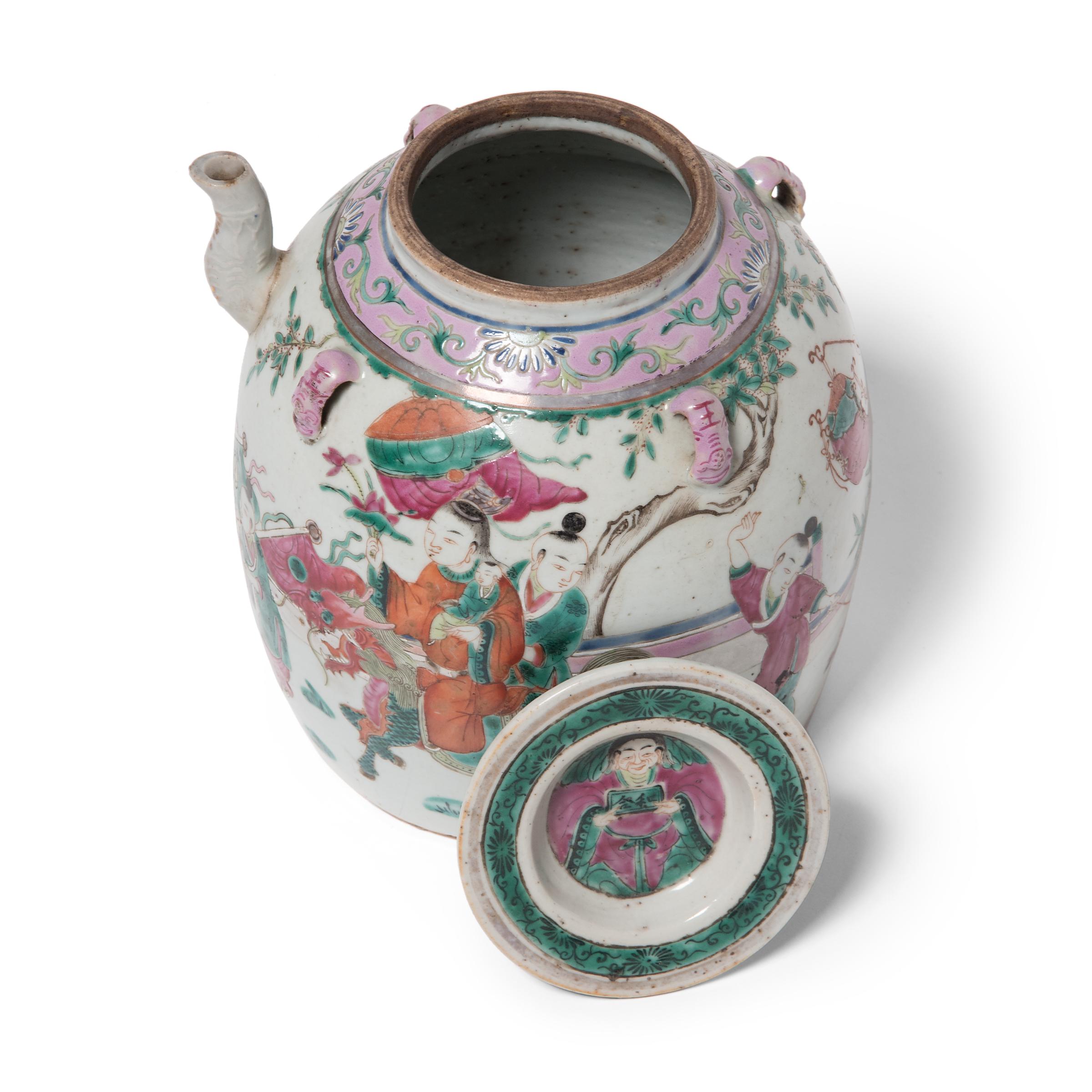 Enameled Chinese Enamelware Teapot with Goddess of Fertility, c. 1920
