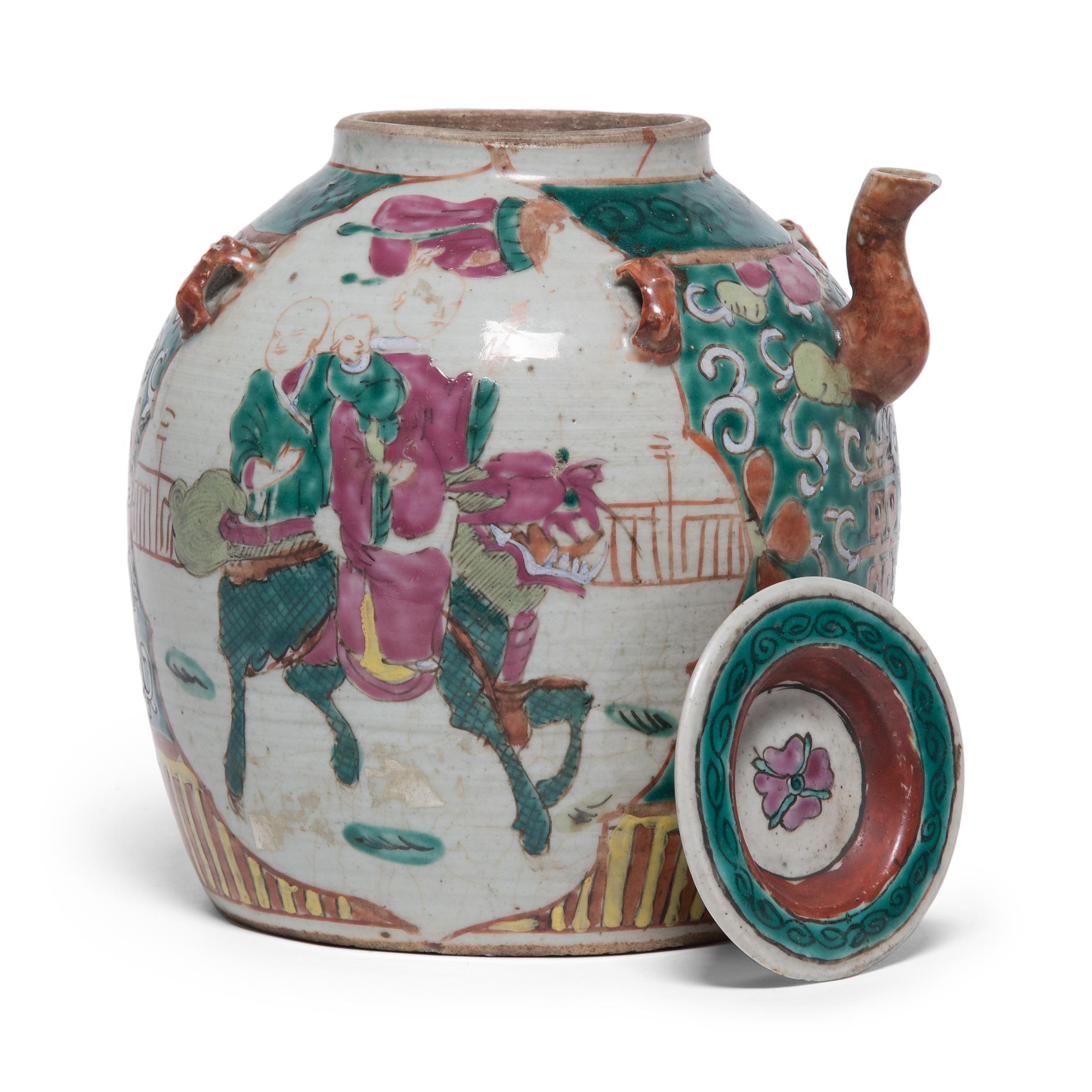 Chinese Enamelware Teapot with Mythical Qilin, c. 1920s In Good Condition For Sale In Chicago, IL