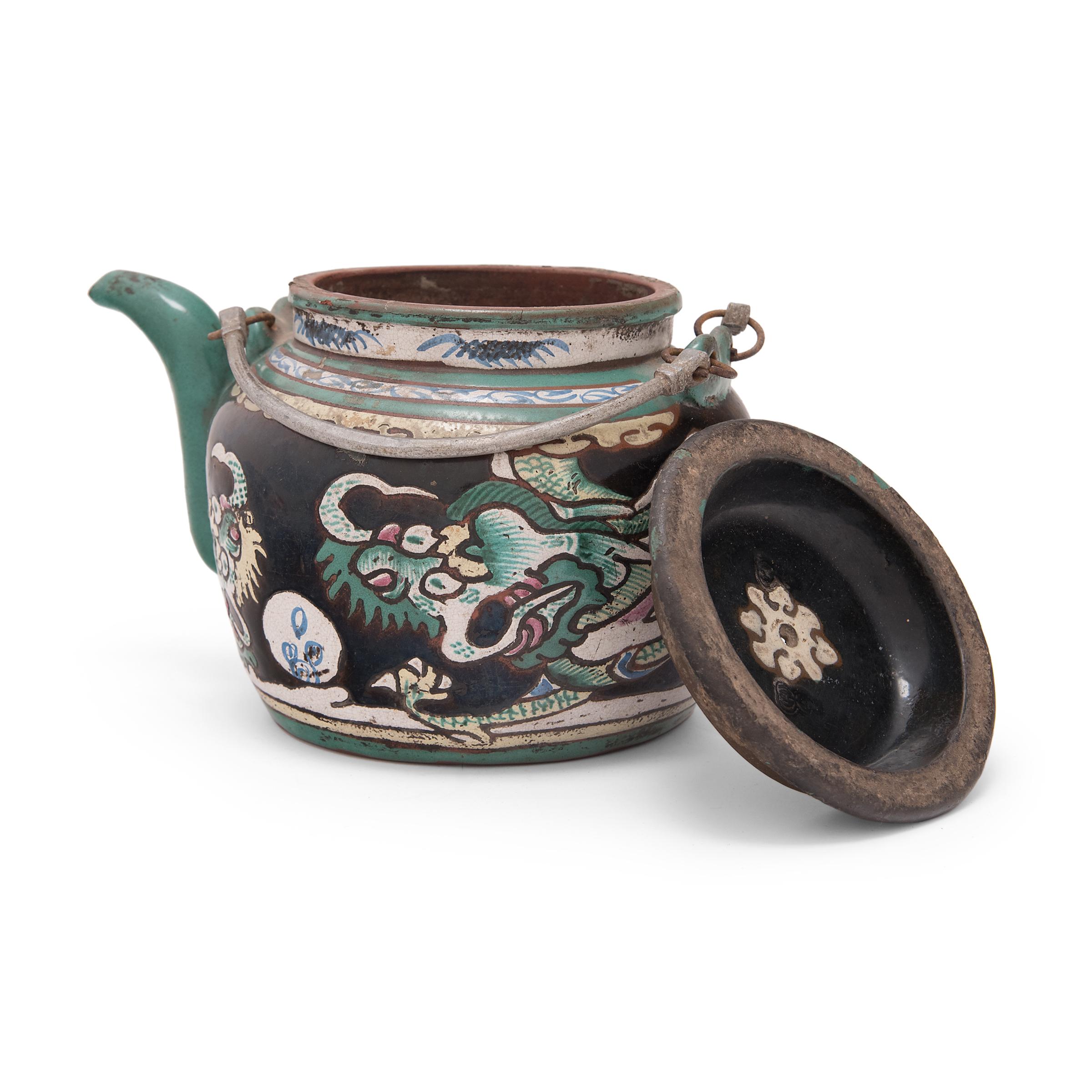 Enameled Chinese Enamelware Teapot with Twin Dragons, c. 1900 For Sale