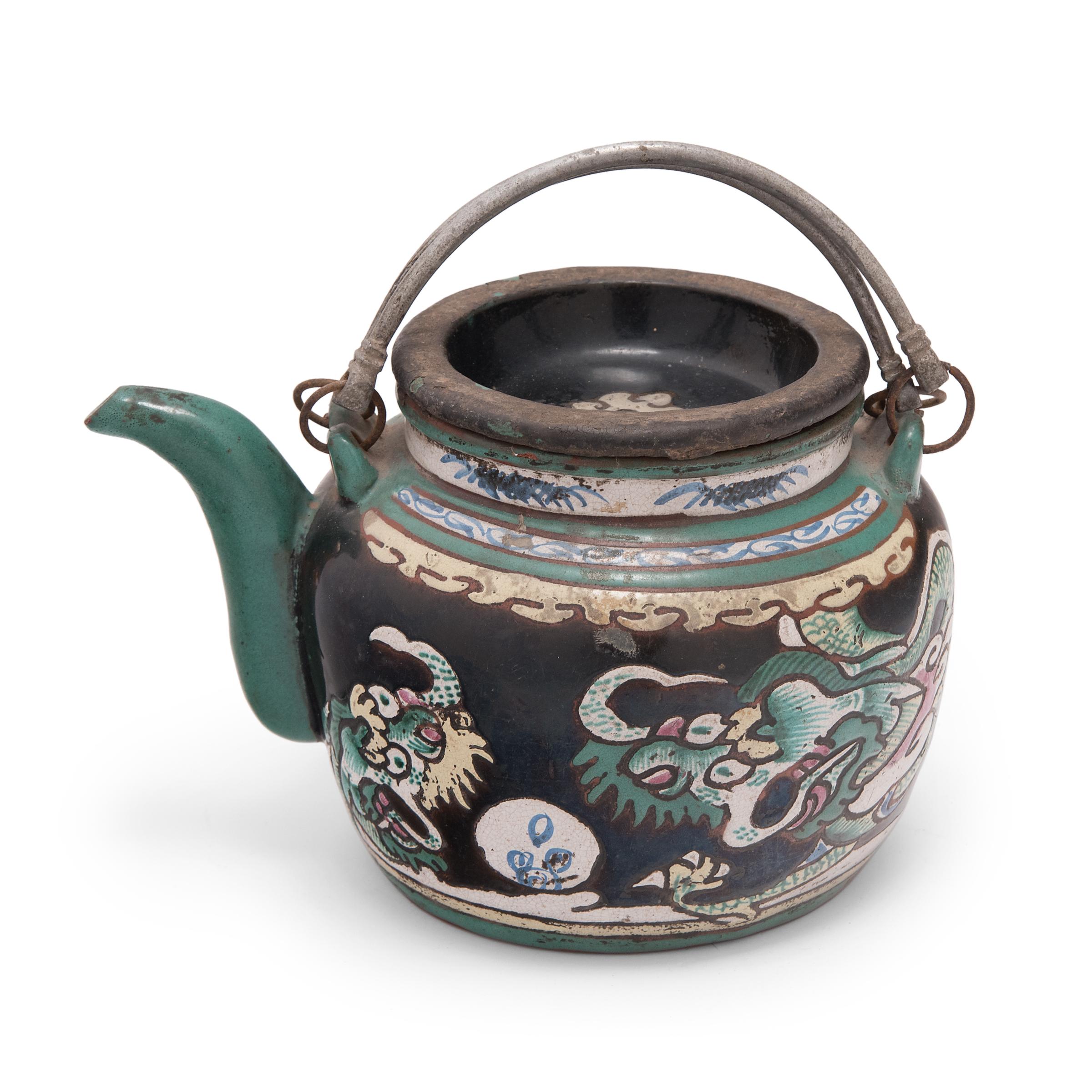 20th Century Chinese Enamelware Teapot with Twin Dragons, c. 1900 For Sale