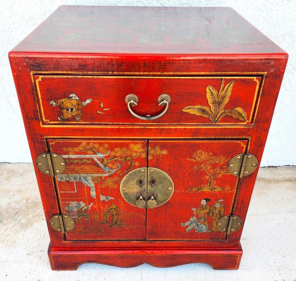 Chinoiserie Chinese End Table Nightstand Cabinet Vinyl Wrapped For Sale
