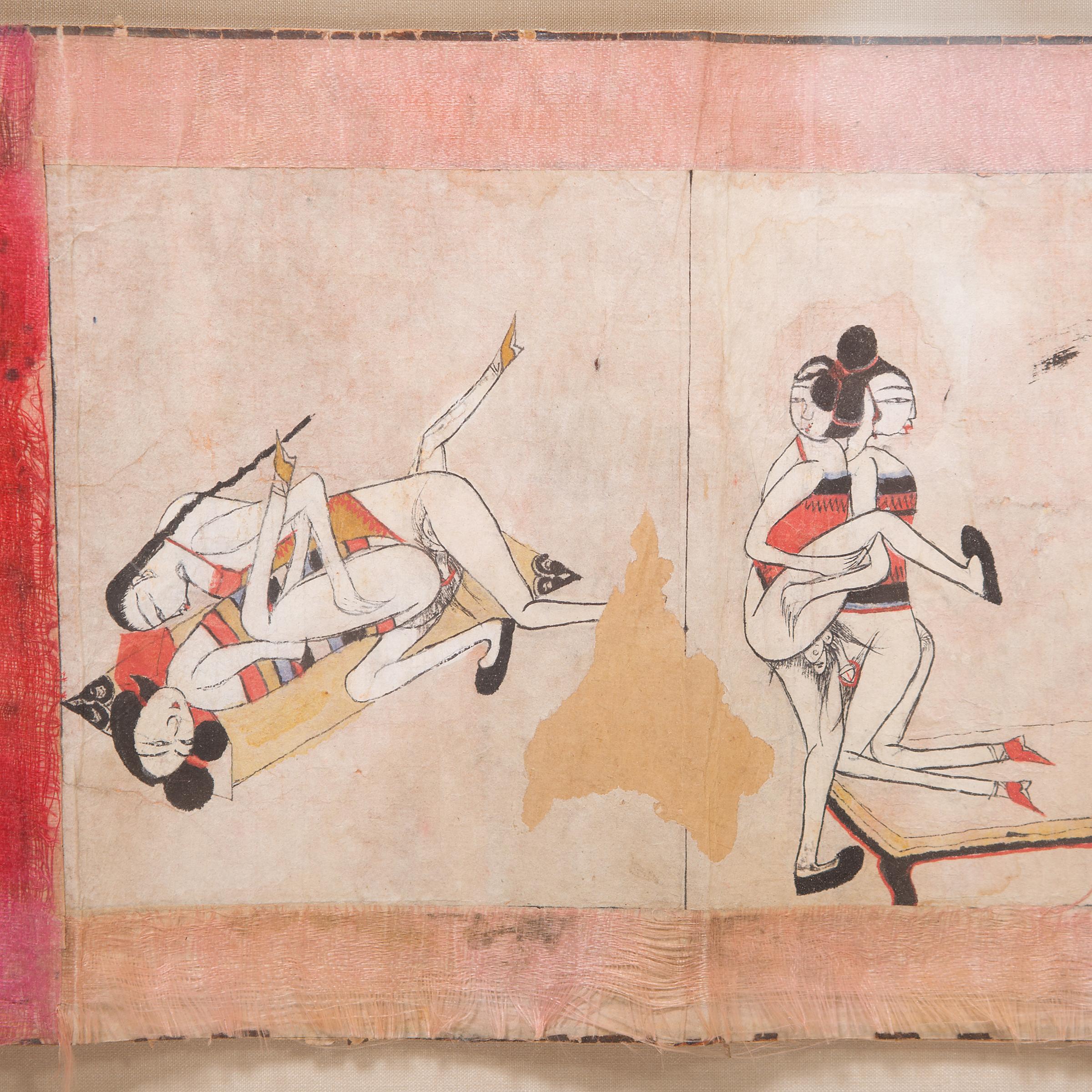 A pillow book was meant to teach a young bride about the art of lovemaking. Small in size, the accordion-folded book could be kept discreetly close at hand, stashed under couple’s pillows. Erotic art in China goes back centuries, but much of it was