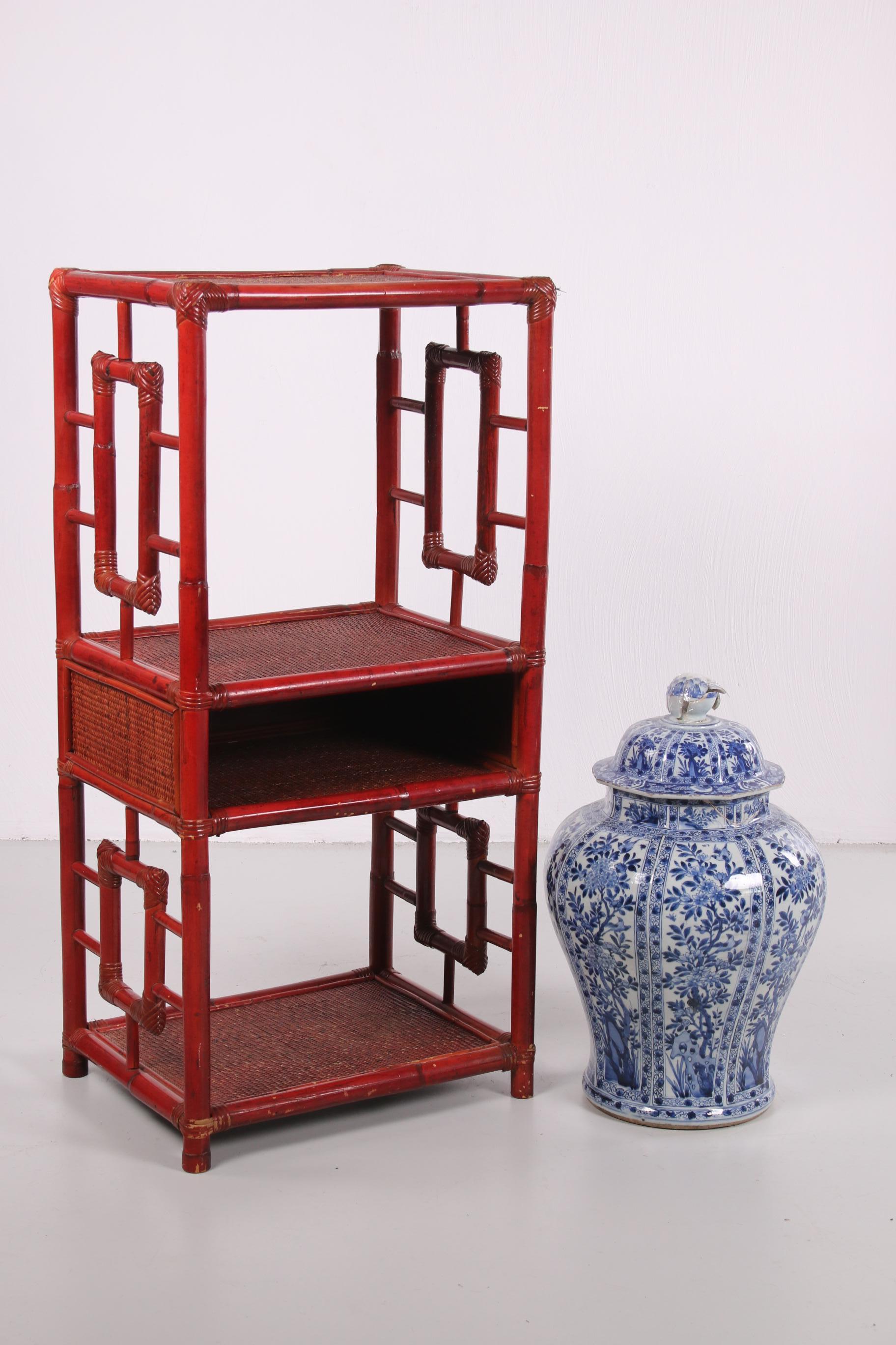 Chinese Etagere or Room Divider of Bamboo in Old Red, 19th Century 5