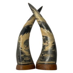 Chinese Etched Dragon Buffalo Horns, China, 1950's