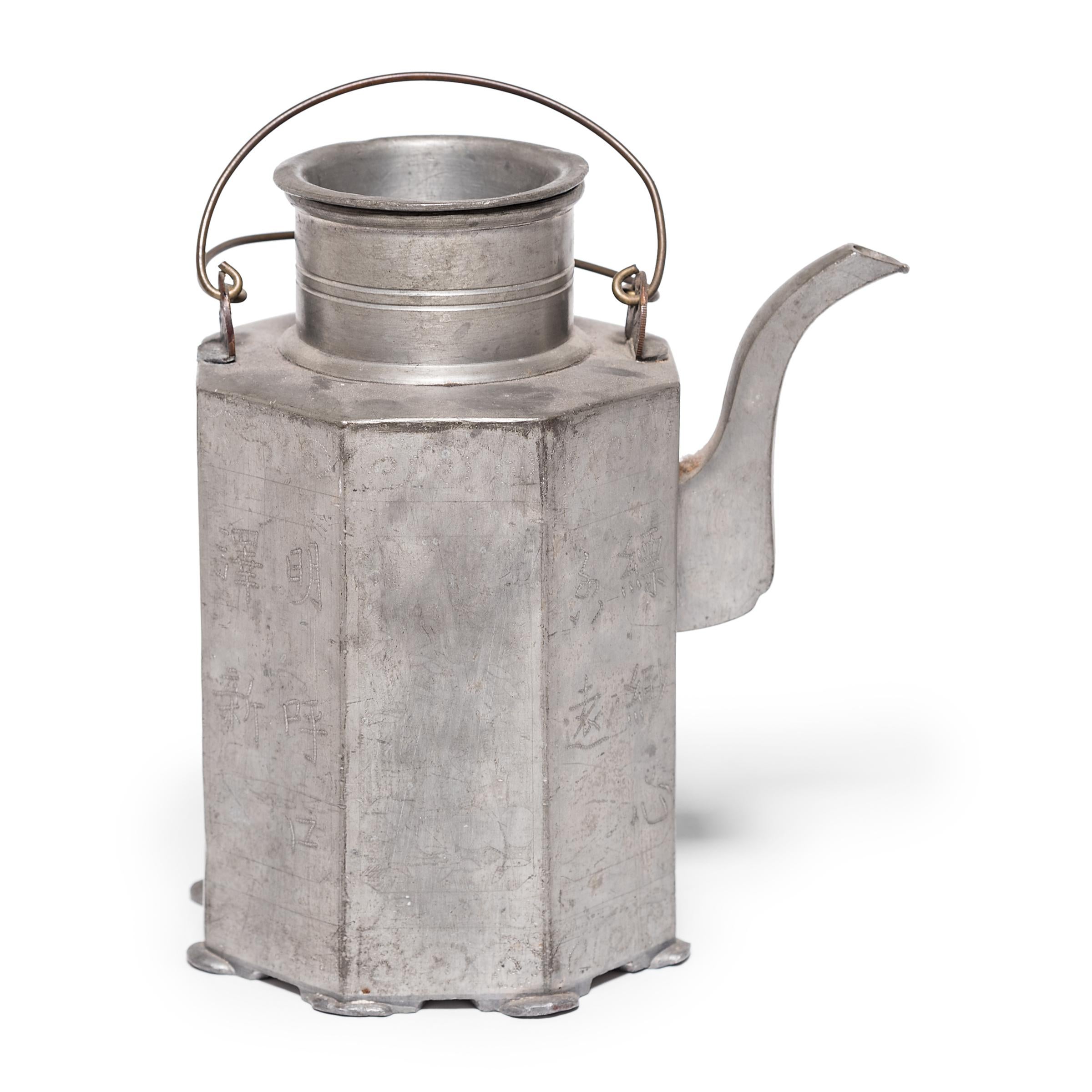 For one short decade, from circa 1910-1920, pewter was all the rage in China’s bustling commercial centers of Shanghai and Canton. Drawn to pewter’s soft, silvery glow, artists took advantage of the alloy’s malleability and low melting point to