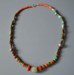 Chinese Ethnic Antique Turquoise Jade Coral Silver Necklace Tribal Jewelry