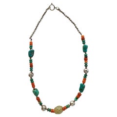 Cinese Etnico Antico Turchese Giada Corallo Collana d'Argento Gioielli Tribali