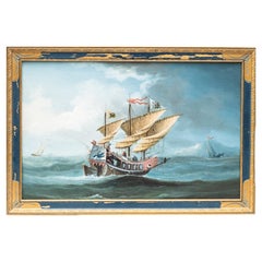 Chinese Export 19th/20th Century Ships at Sea Oil on Canvas Painting