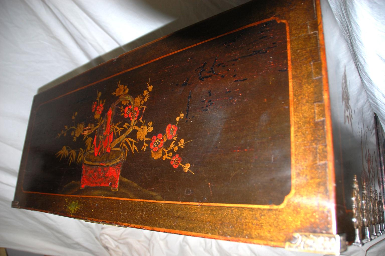 English 19th Century Black Lacquered Japanned Cabinet, Naturalistic Decoration 2