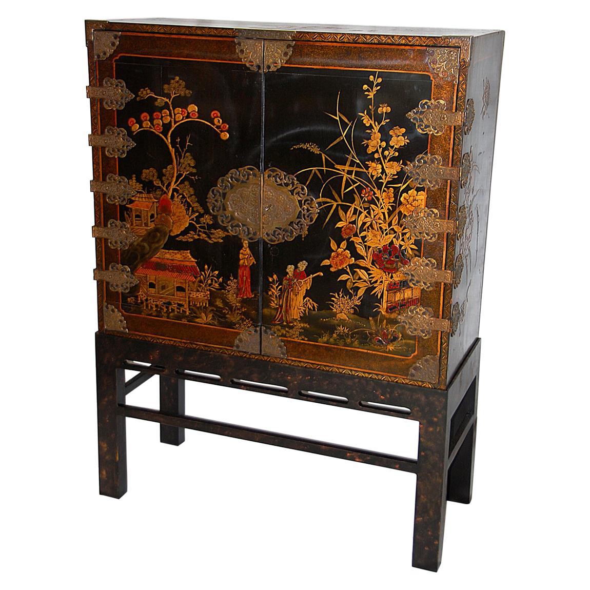 English 19th Century Black Lacquered Japanned Cabinet, Naturalistic Decoration