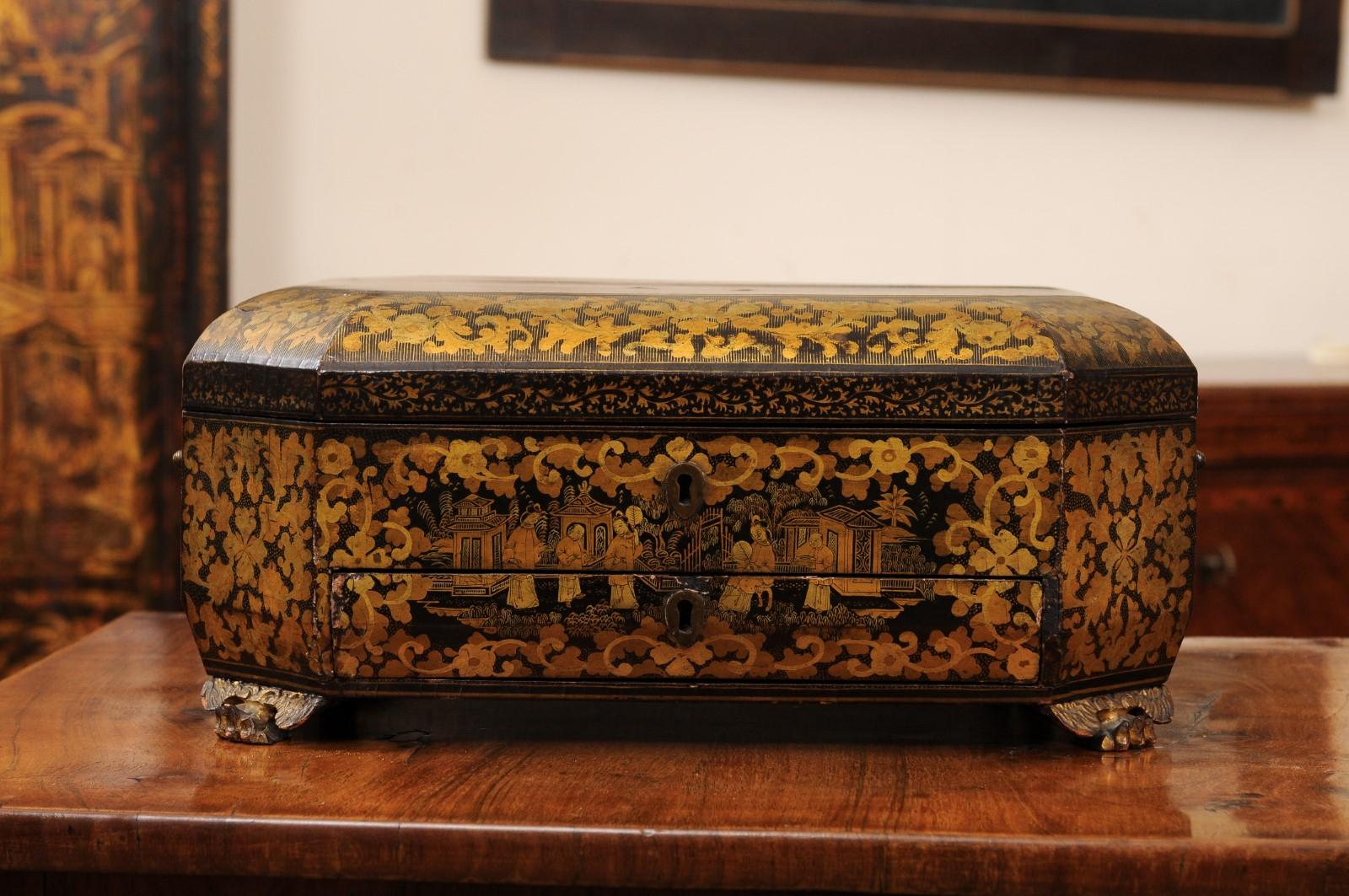 Chinese Export 19th Century Chinoiserie Black Lacquered Sewing Box For Sale 11