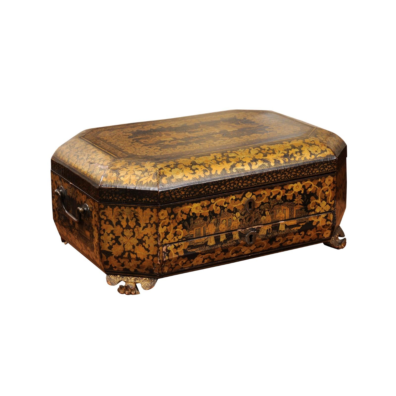 Chinese Export 19th Century Chinoiserie Black Lacquered Sewing Box In Good Condition For Sale In Atlanta, GA