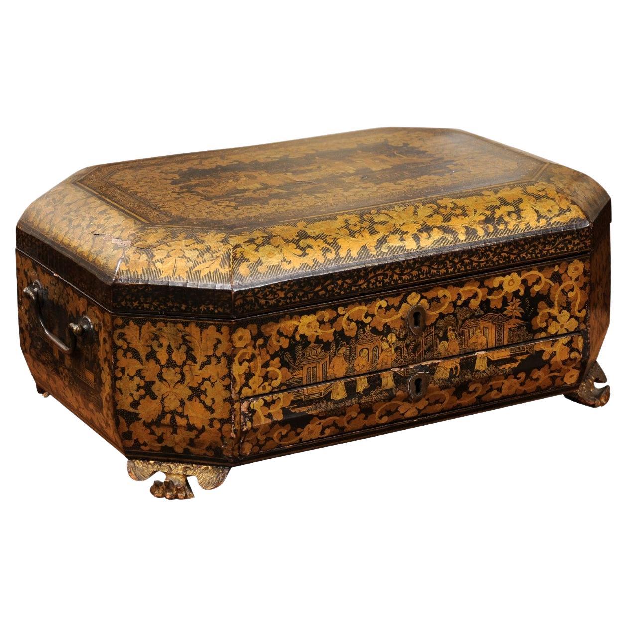 Chinese Export 19th Century Chinoiserie Black Lacquered Sewing Box