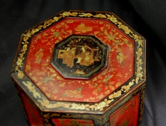 Chinese Export 19th Century Red and Black Chinoiserie Decorated Octagonal Box