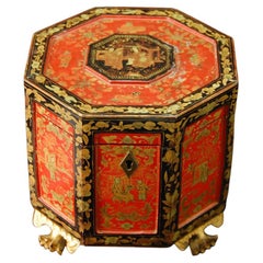 Chinese Export 19th Century Red and Black Chinoiserie Decorated Octagonal Box