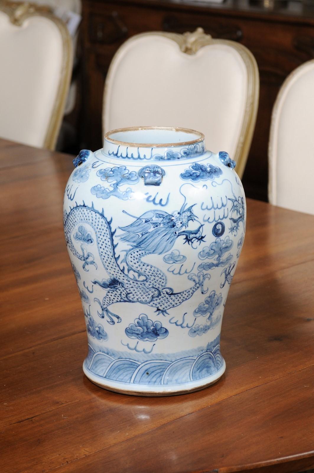 Chinese Export 20th Century Blue and White Porcelain Vase with Dragon Motifs For Sale 4