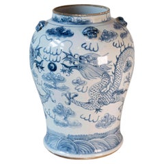 Chinese Export 20th Century Blue and White Porcelain Vase with Dragon Motifs