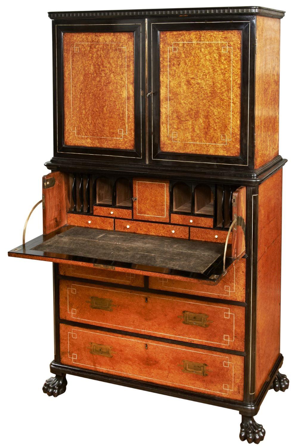 Chinese Export Amboyna Campaign Chest, this is a very good campaign chest with clever use of the different timbers giving it a striking look. It would have been made in one of the Chinese ports for a Westerner in the early to mid 19th Century.H 66