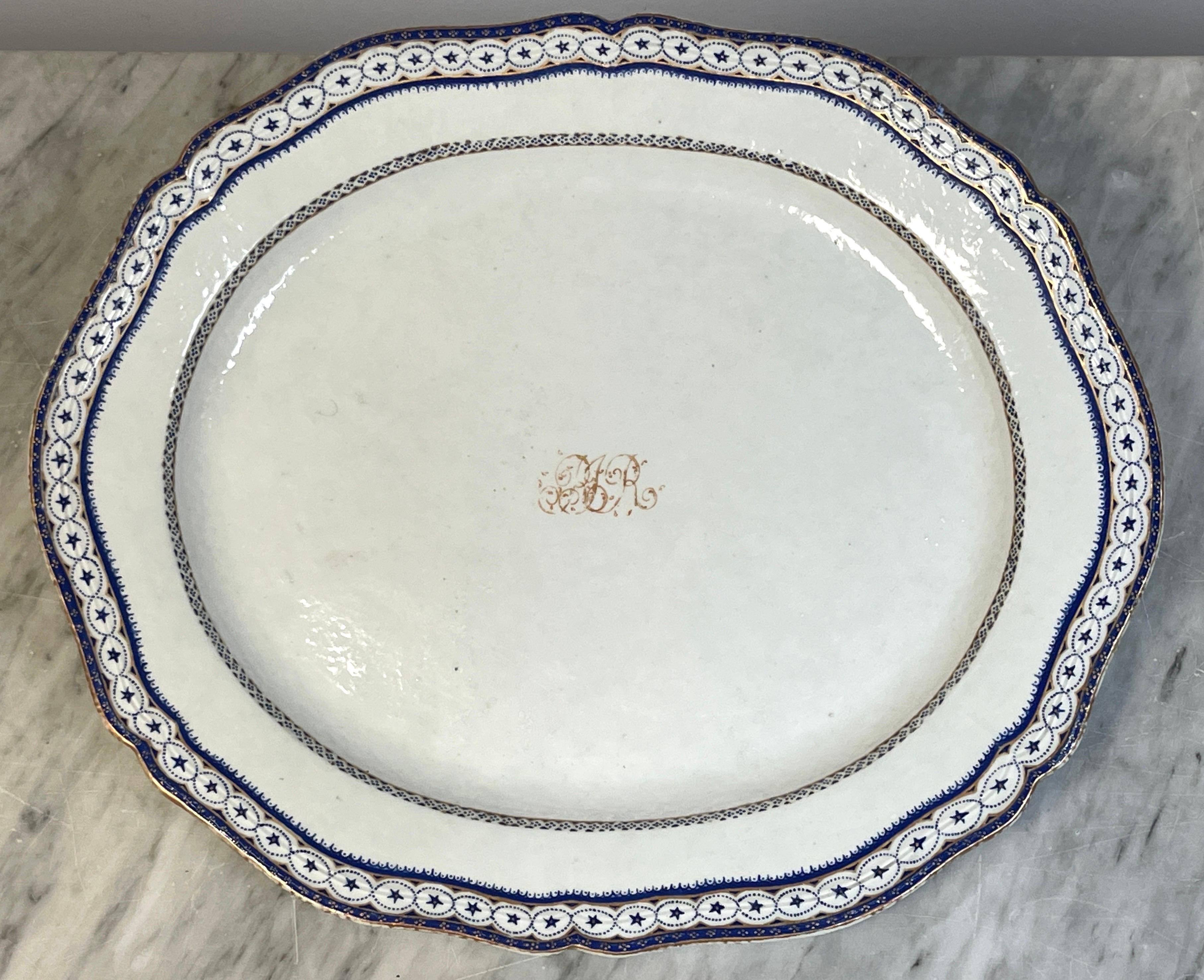 Porcelain Chinese Export American Market, Blue & White 'Star' Boarder Armorial Platter For Sale