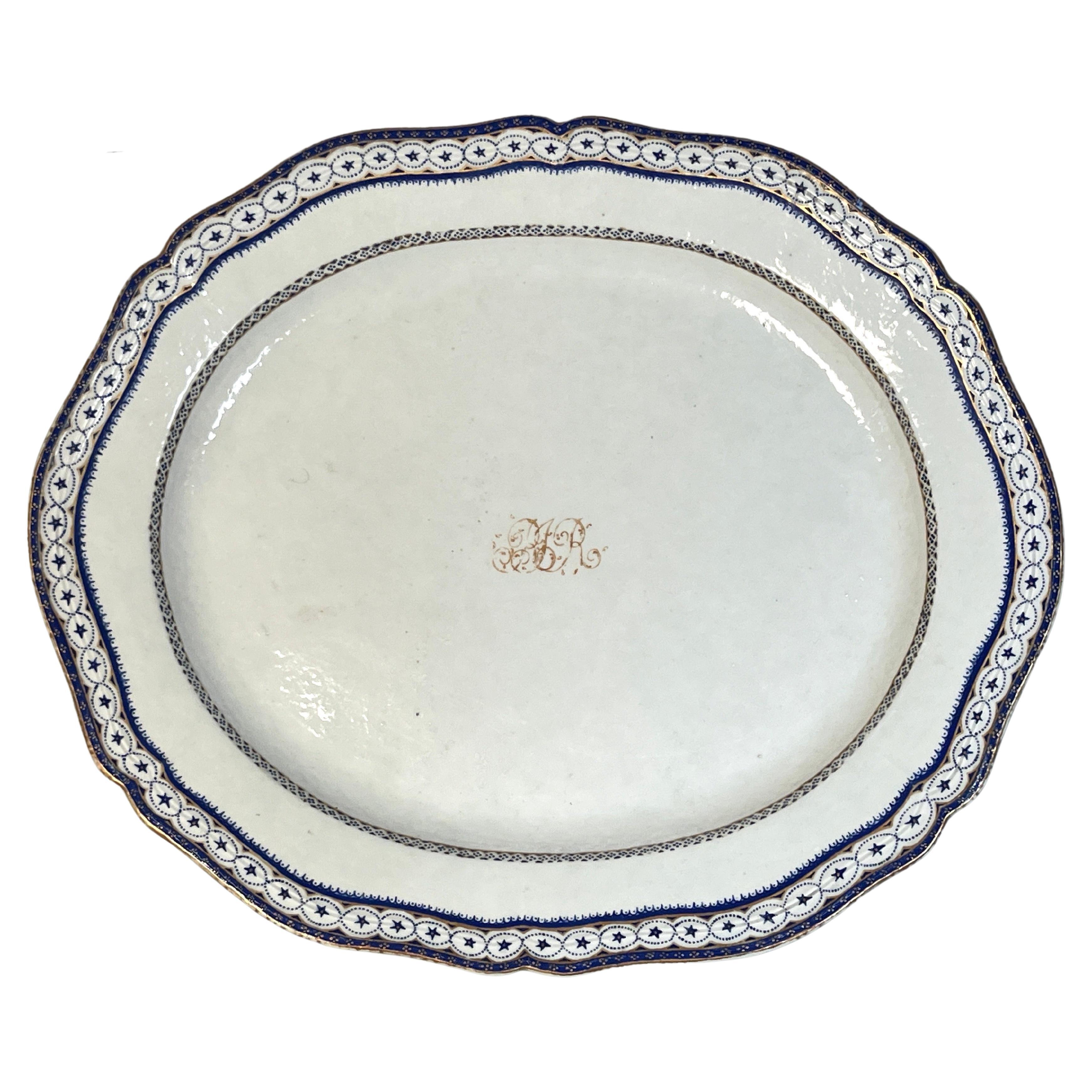 Chinese Export American Market, Blue & White 'Star' Boarder Armorial Platter For Sale