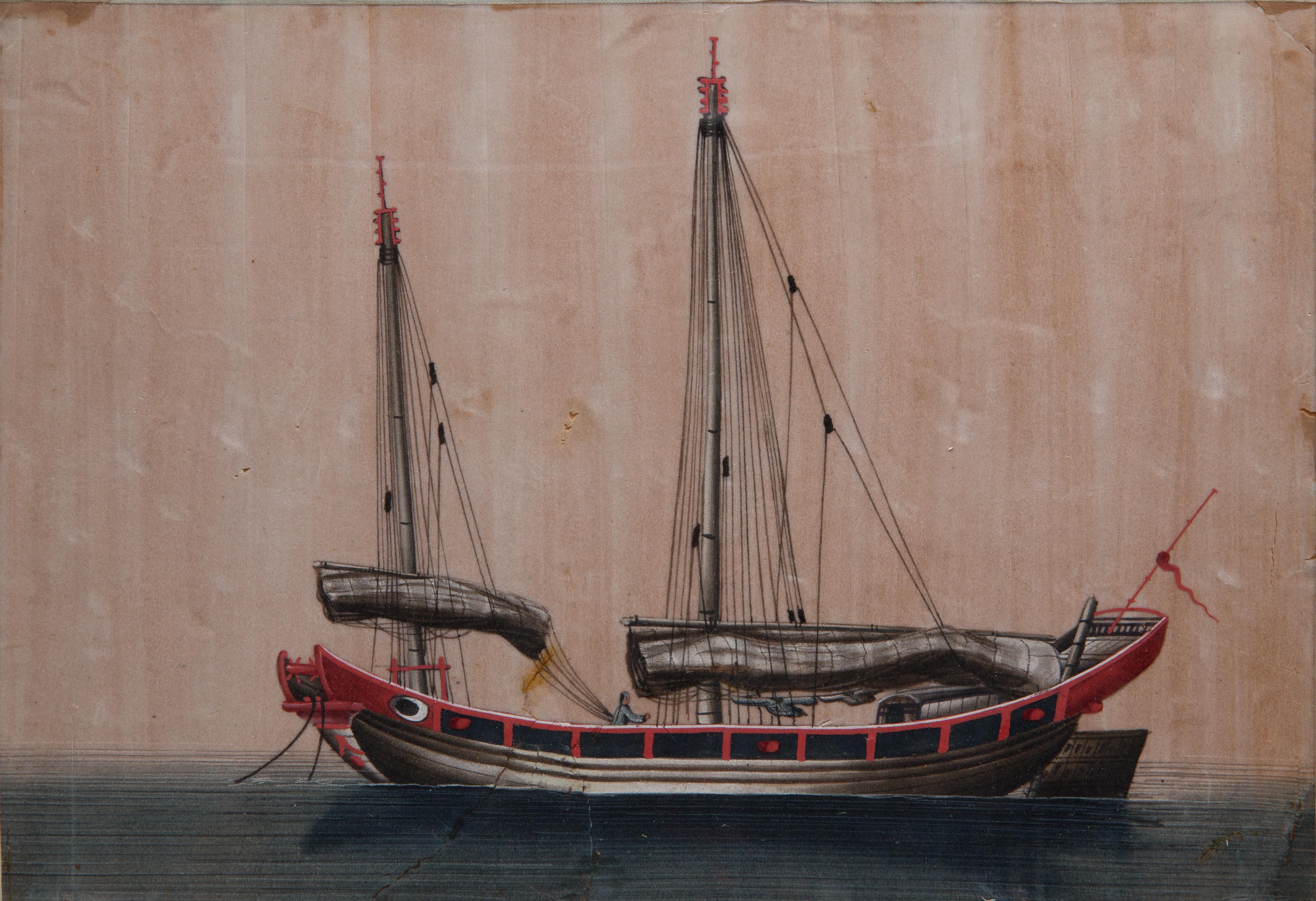 Offered is an antique finely rendered Chinese watercolor/gouache painting on silk fabric of a merchant sailing ship. The work dates to the 19th century has some minor staining, mostly along the borders and measures approximately 16” x 19” framed.