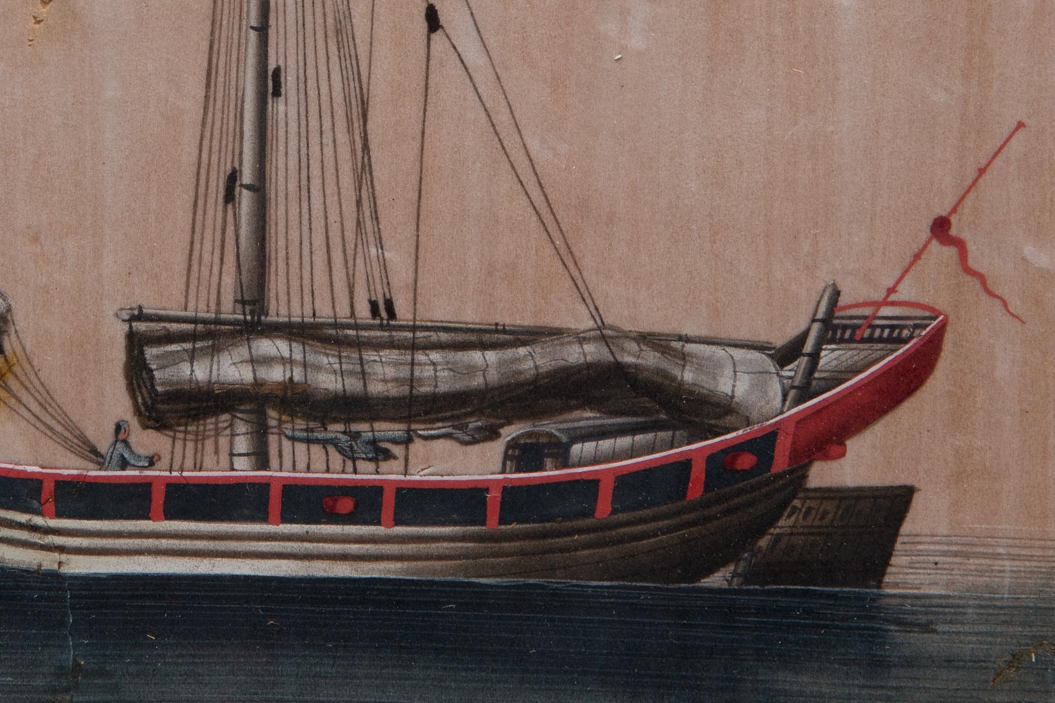 Hand-Painted Chinese Export Antique Gouache Painting on Silk of a Merchant Sailing Ship