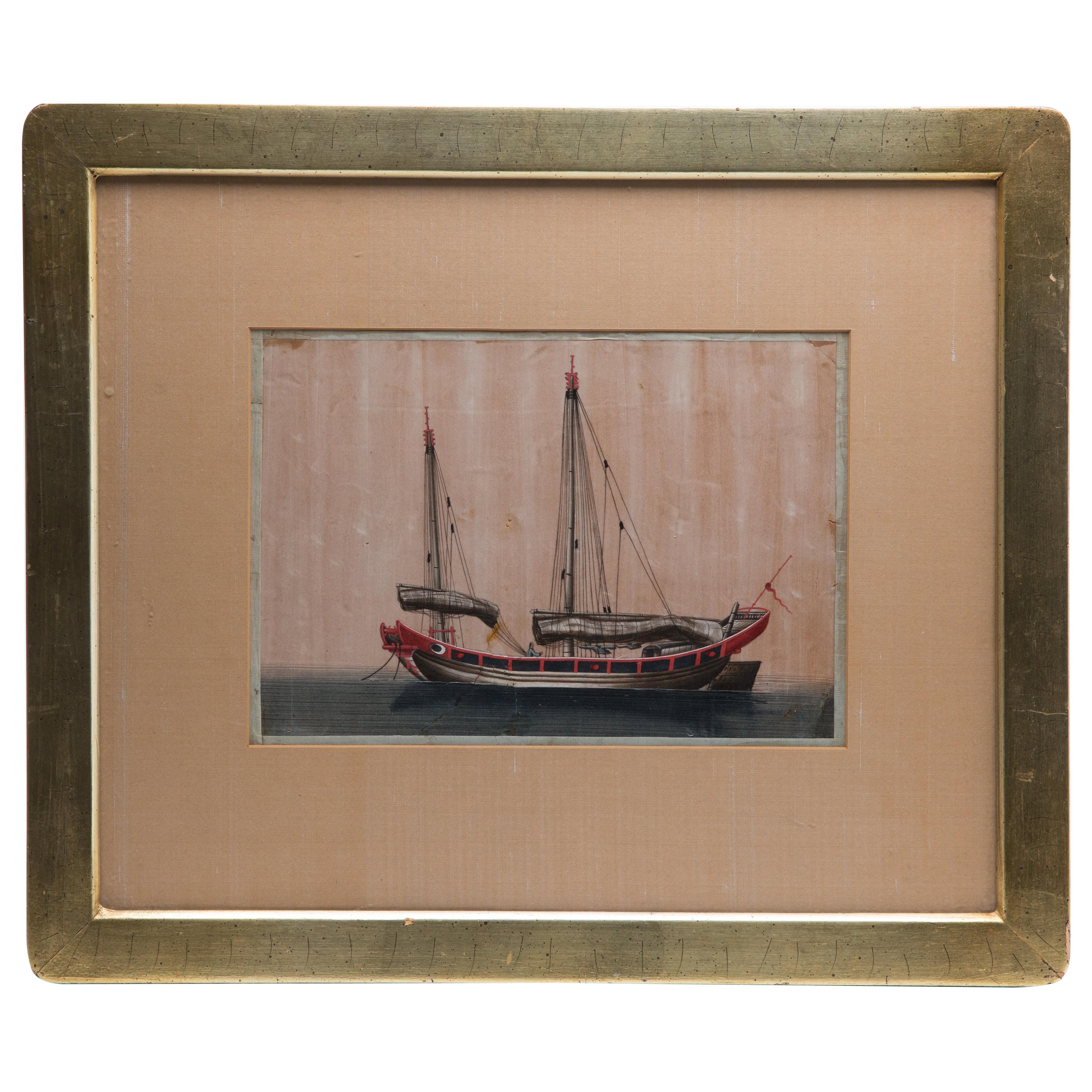 Chinese Export Antique Gouache Painting on Silk of a Merchant Sailing Ship
