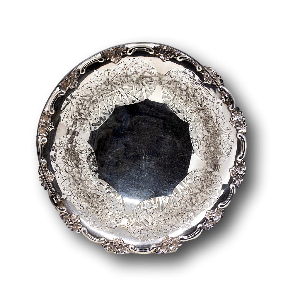 Cast Chinese Export Antique Silver Basket by Wang Hing For Sale