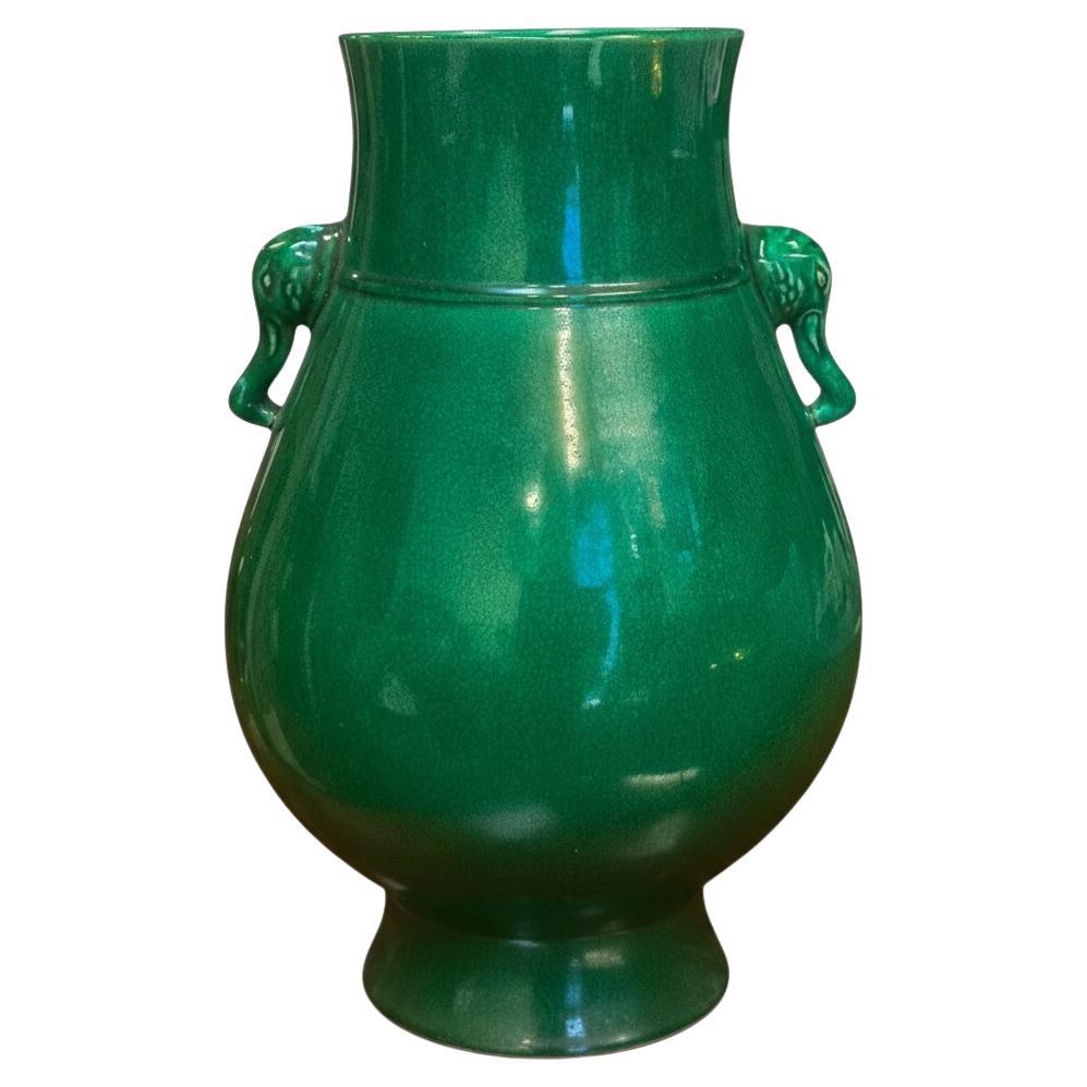 Chinese Export Apple Green Crackle Glaze Elephant Mask Handles Vase Kangxi Mark For Sale