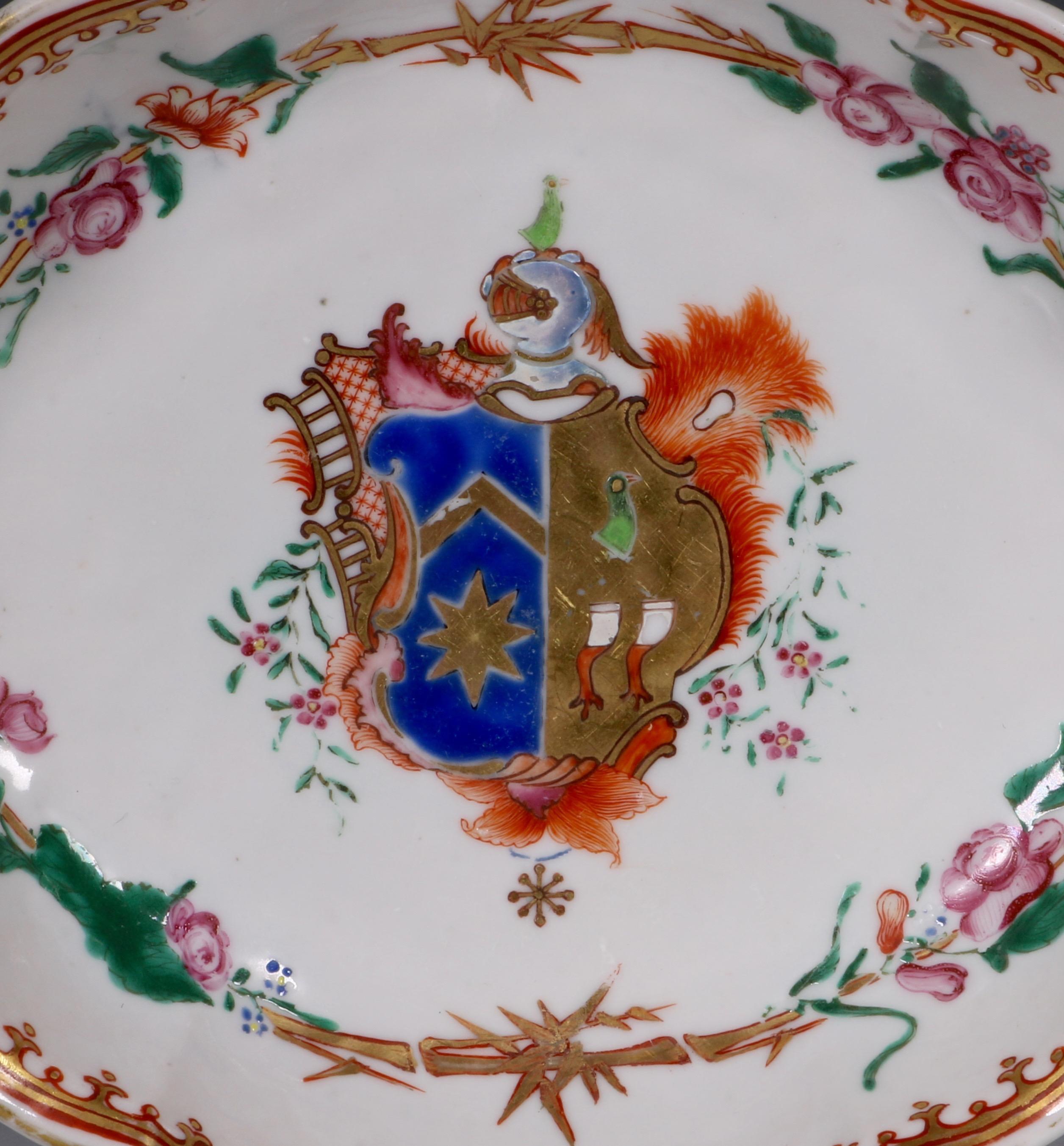 A Chinese export armorial lobed dish. Decorated to the centre with a coat of arms within a bamboo and flowers border.

These arms are probably Swedish or possibly Dutch.