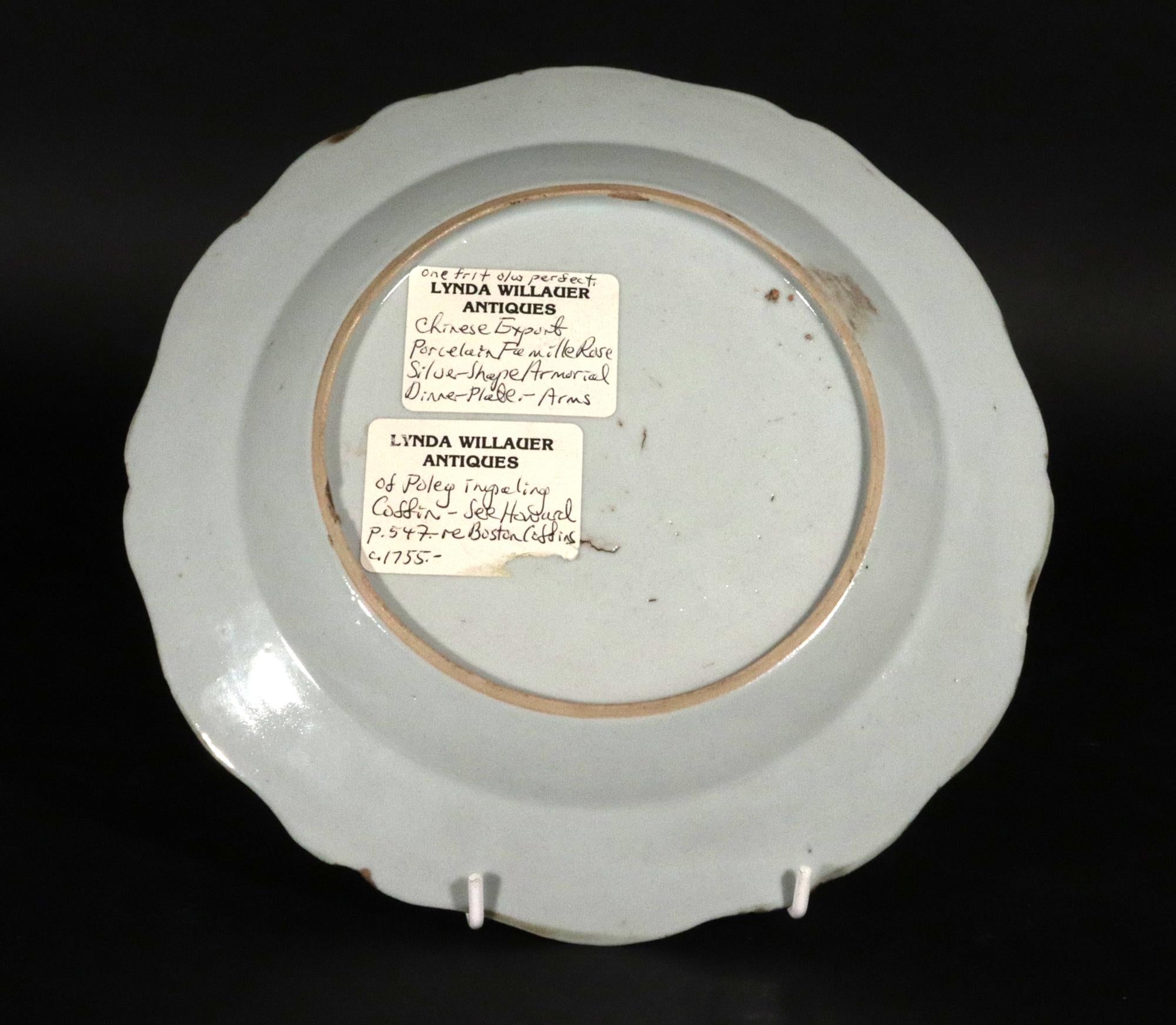 Chinese Export Armorial Famille Rose Plate, Arms of Poley Impaling Coffin For Sale 6
