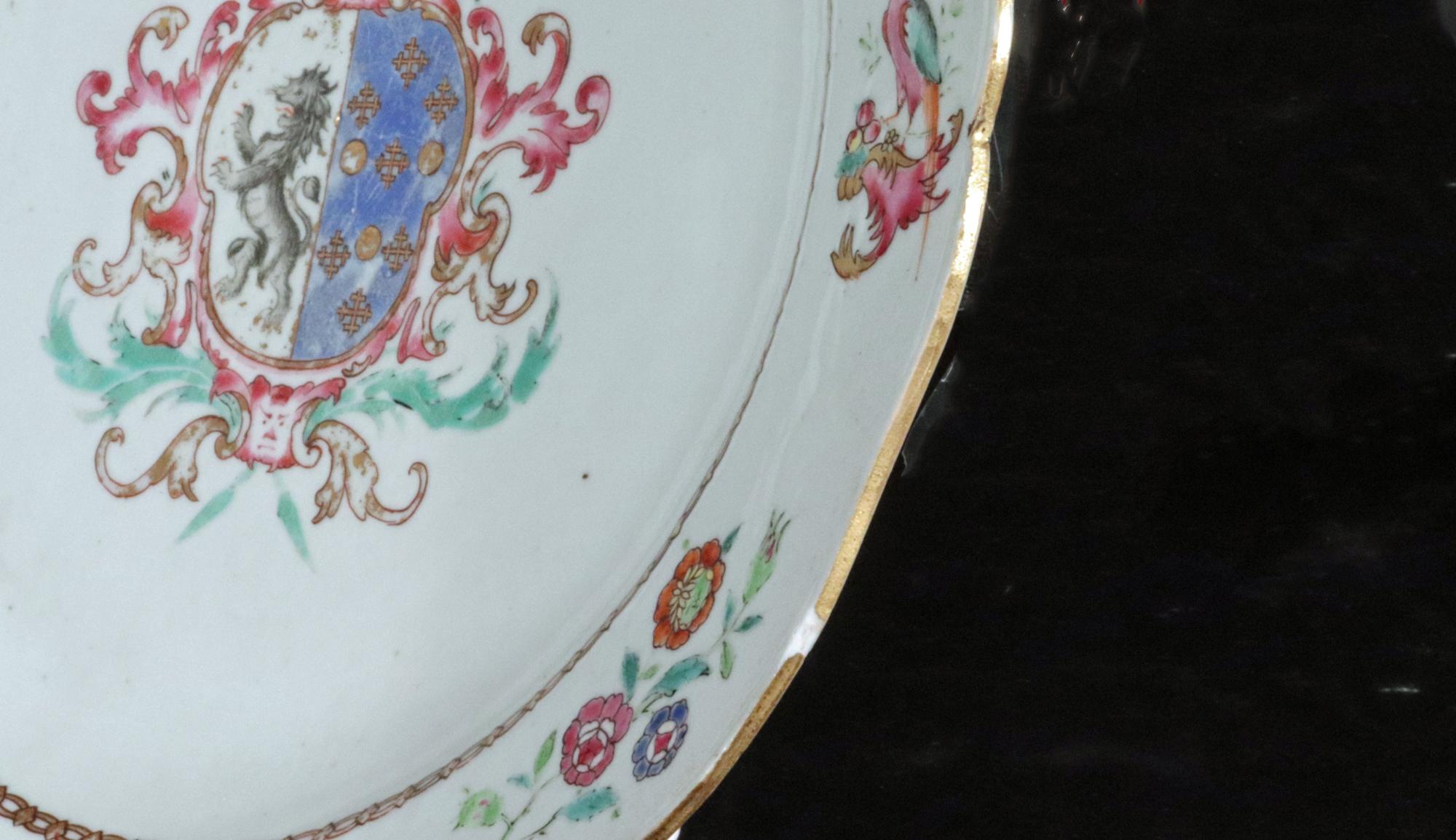 Chinese Export Armorial Famille Rose Plate, Arms of Poley Impaling Coffin For Sale 7