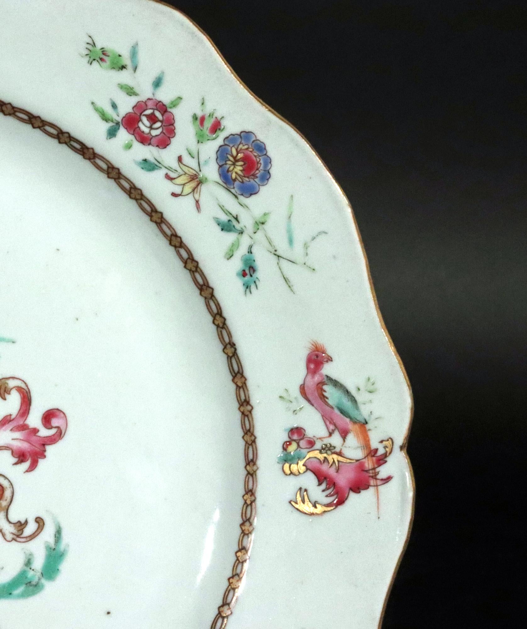 18th Century Chinese Export Armorial Famille Rose Plate, Arms of Poley Impaling Coffin For Sale