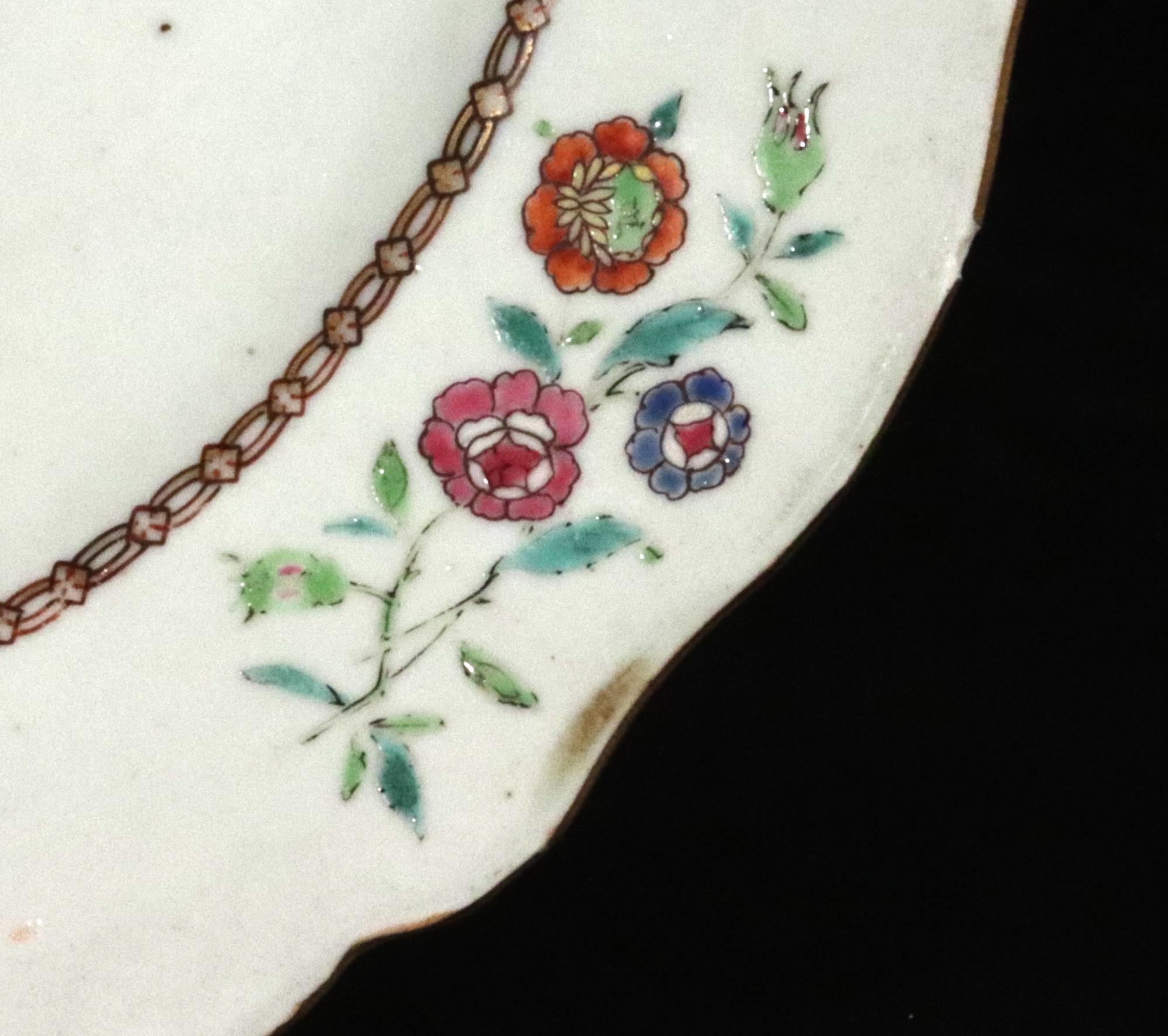 Chinese Export Armorial Famille Rose Plate, Arms of Poley Impaling Coffin For Sale 1
