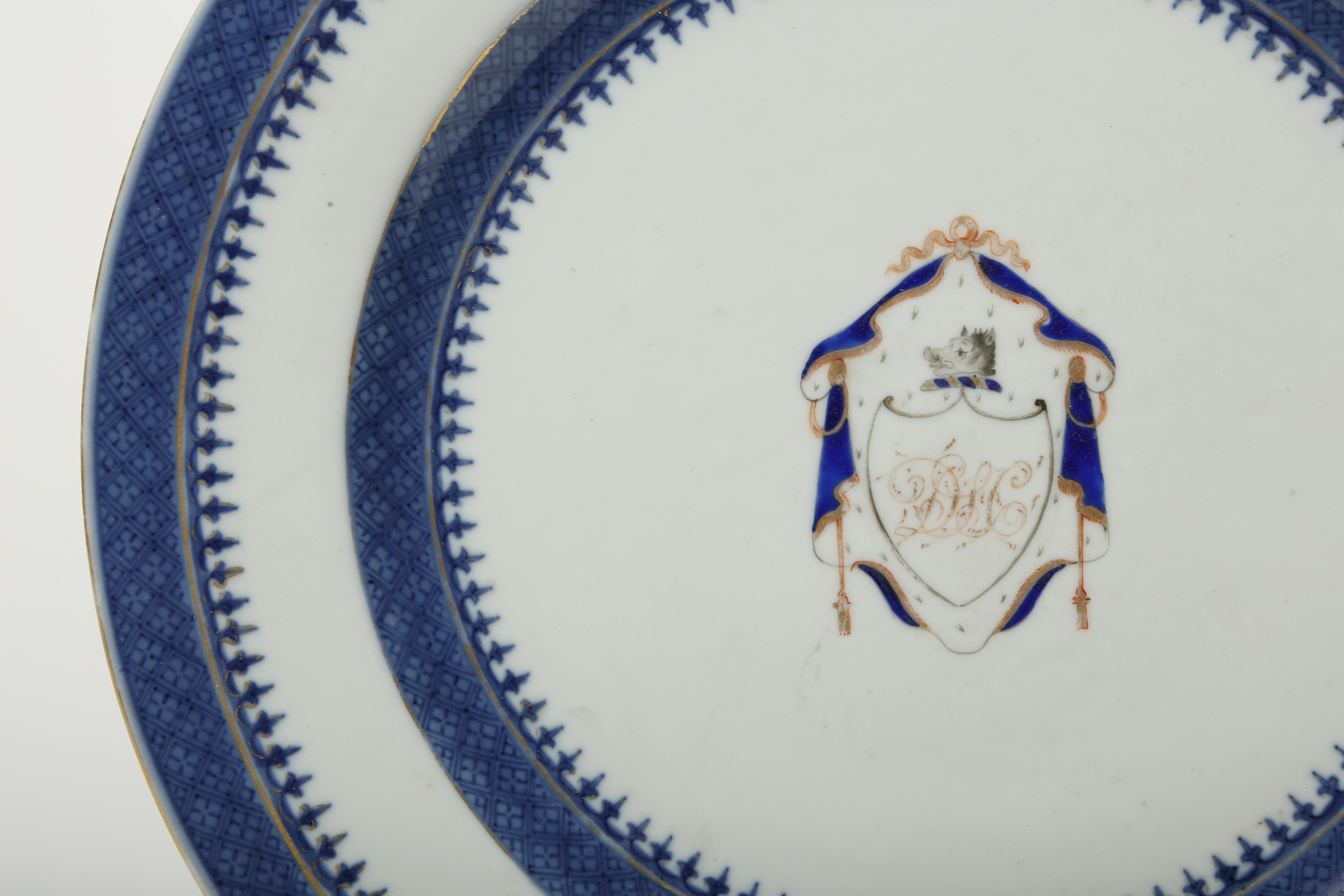 Hand-Painted Chinese Export Armorial Porcelain Plate in Blue with Gilt Accents, 18th c. 