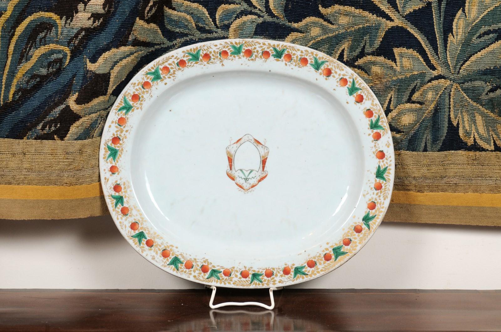 Chinese Export Armorial Porcelain Platter with Strawberry Pattern, 19th Century In Good Condition For Sale In Atlanta, GA