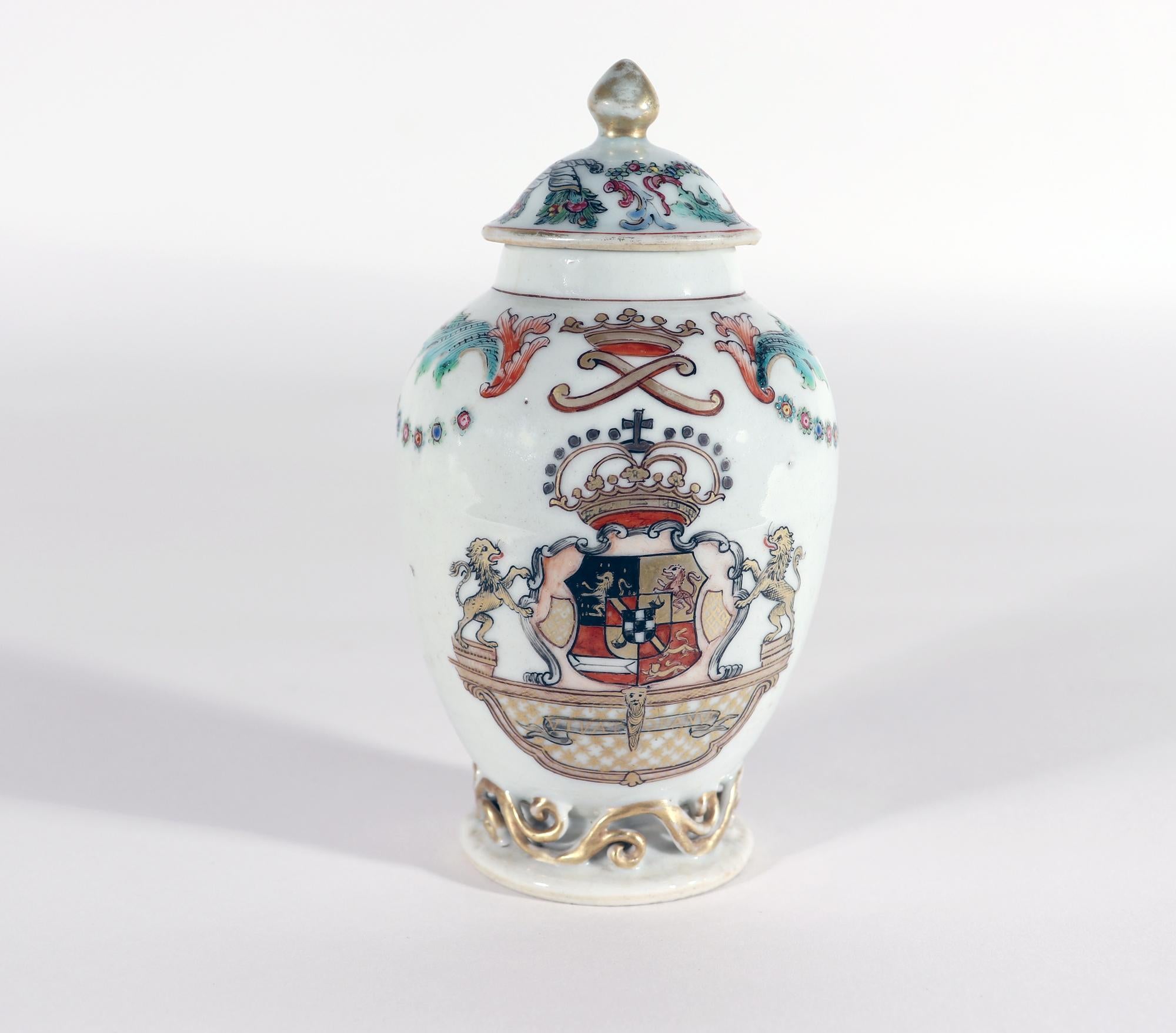 Chinese export Armorial Porcelain teapoy or tea caddy,
Royal Coat of Arms, 
Arms of Prince Willem IV of Orange (1711-51), Prince of Nassau-Dietz and Orange
Circa 1748

The Chinese Export armorial tea caddy is painted in iron-red, gilt and green