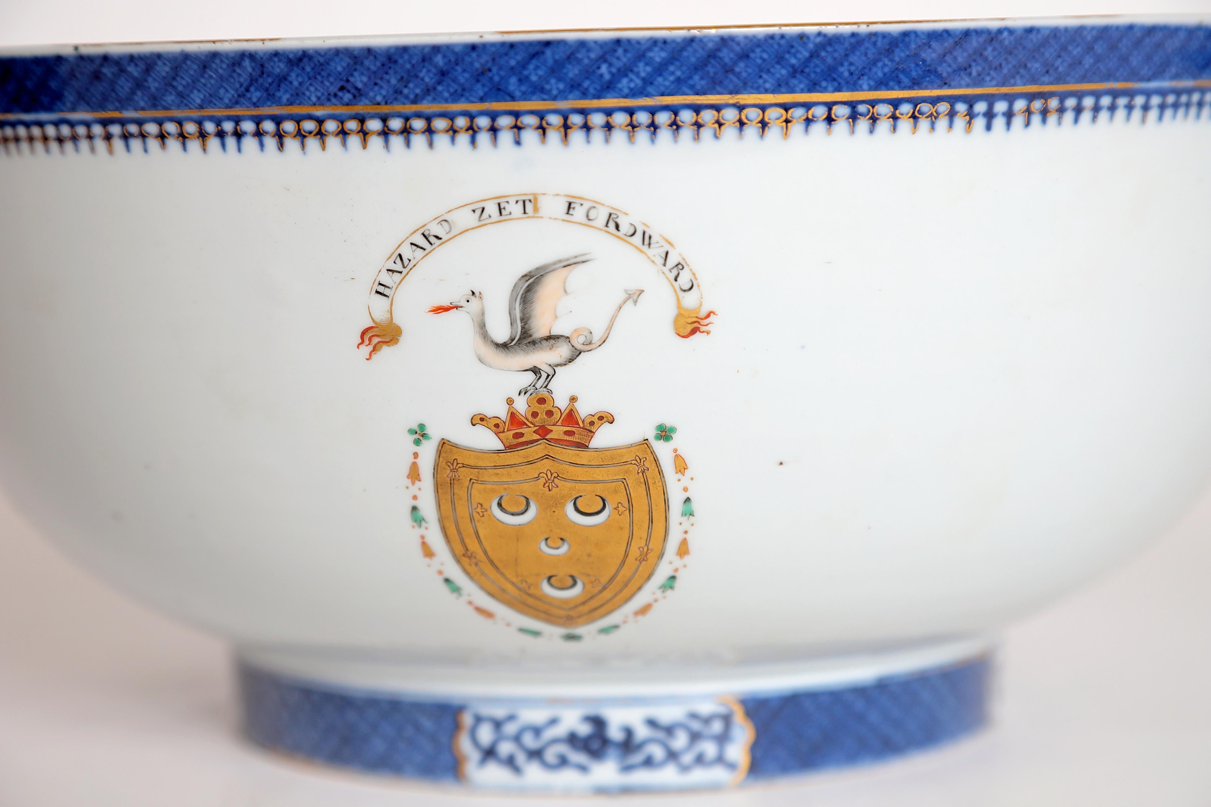 A lovely well-used Chinese Export armorial porcelain punch bowl with coat of arms / crest of Clan Seton, motto 'HAZARD ZET FORWARD