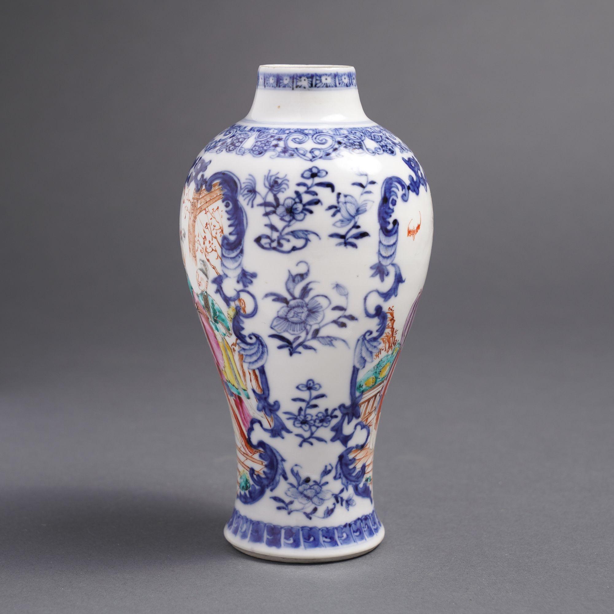 Chinese export baluster form garniture vase with famille rose figural scenes within cobalt under glaze blue scroll work borders, on opposing sides of the vase.

China, made for the Western trade, circa 1780.