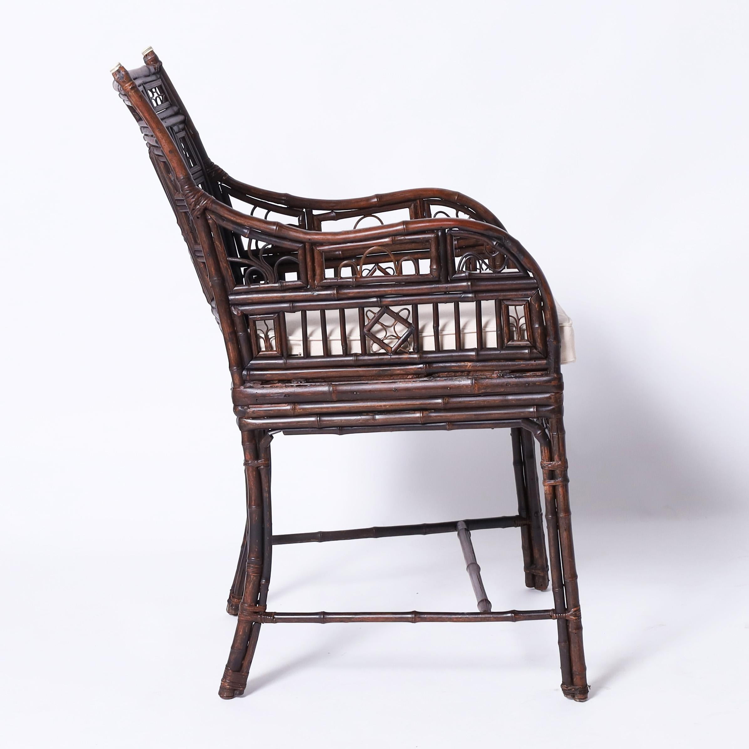 Chinese Export Bamboo and Rattan Pair of Chairs and Stand In Good Condition For Sale In Palm Beach, FL