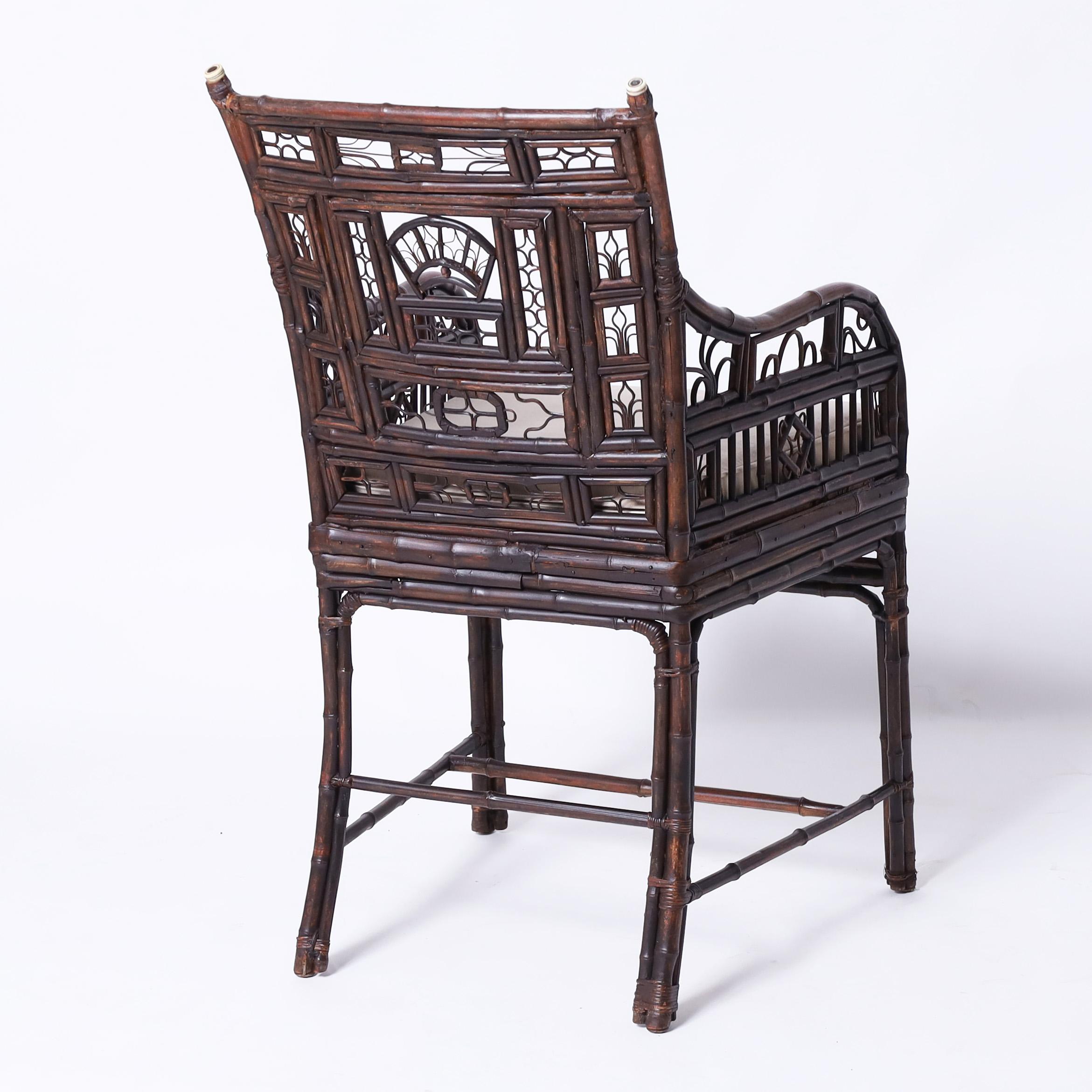 20th Century Chinese Export Bamboo and Rattan Pair of Chairs and Stand For Sale