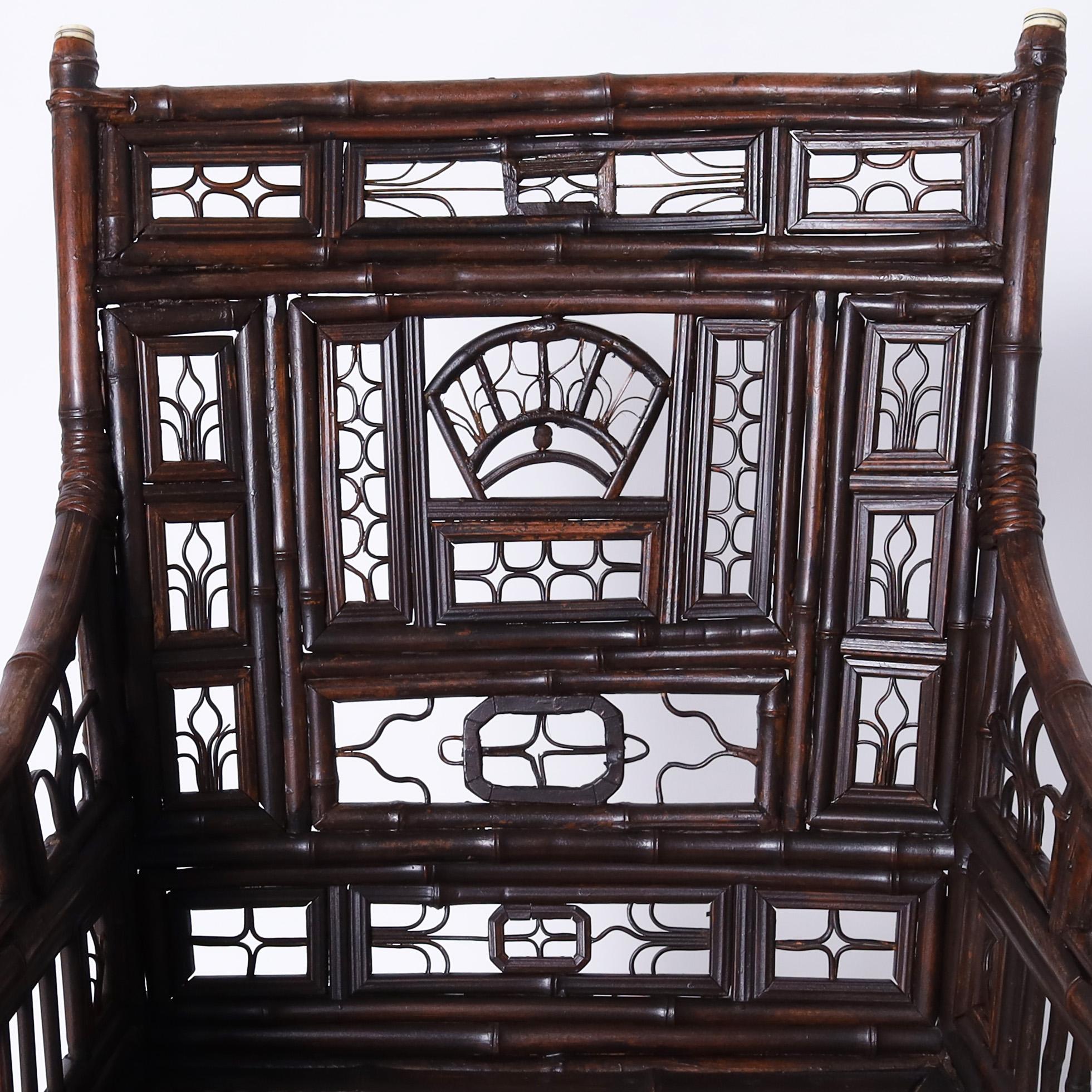 Chinese Export Bamboo and Rattan Pair of Chairs and Stand For Sale 3