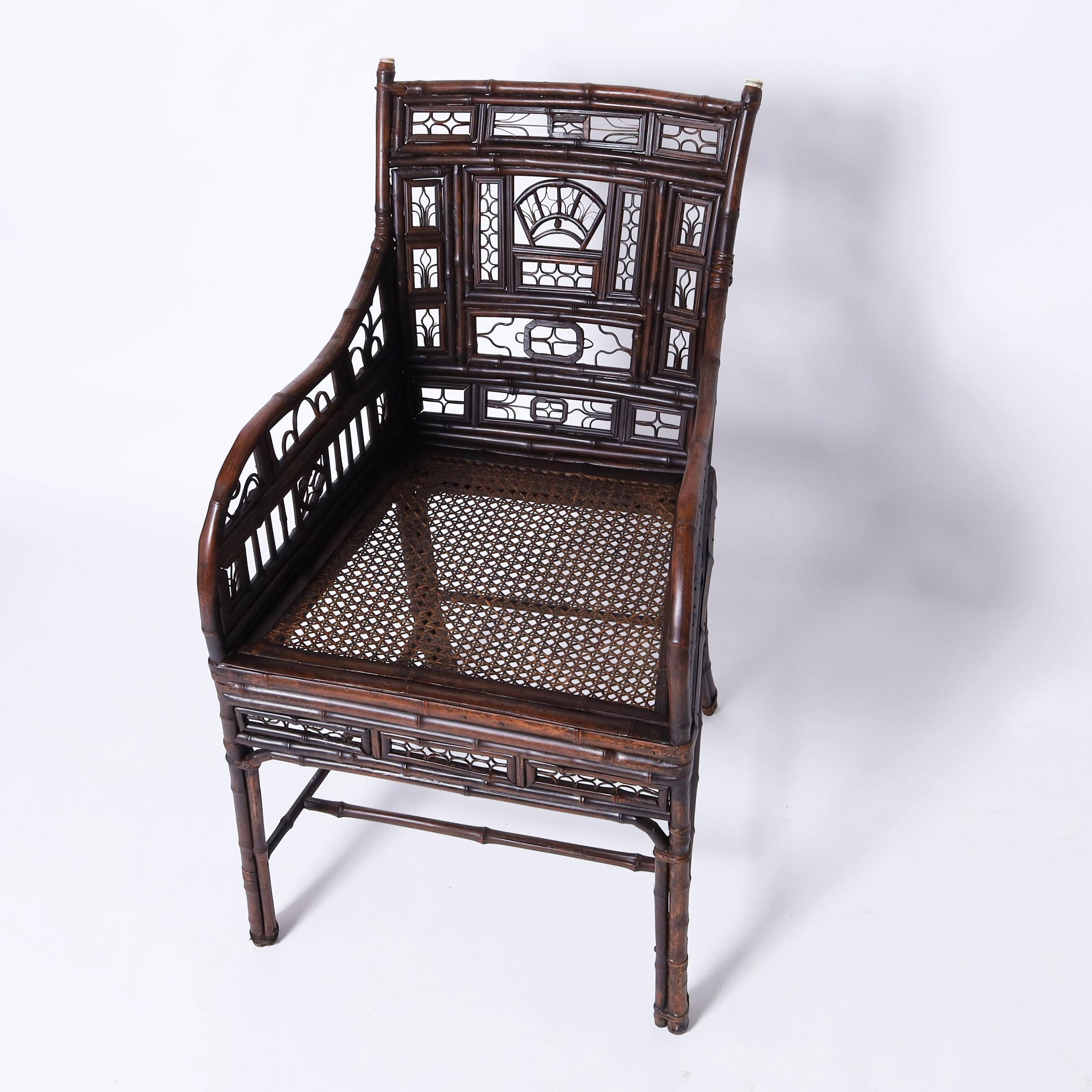 Chinese Export Bamboo and Rattan Pair of Chairs and Stand For Sale 4