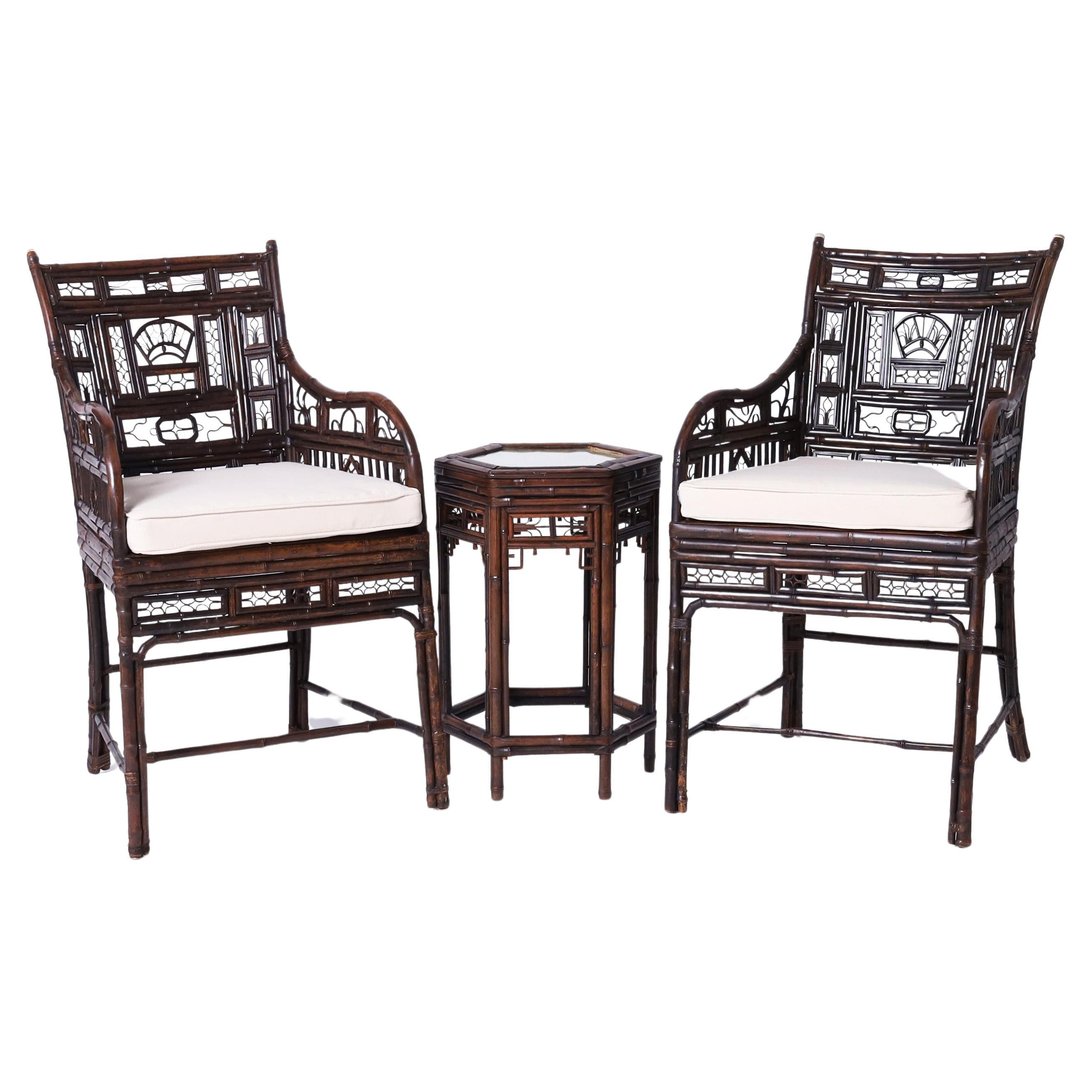 Chinese Export Bamboo and Rattan Pair of Chairs and Stand For Sale
