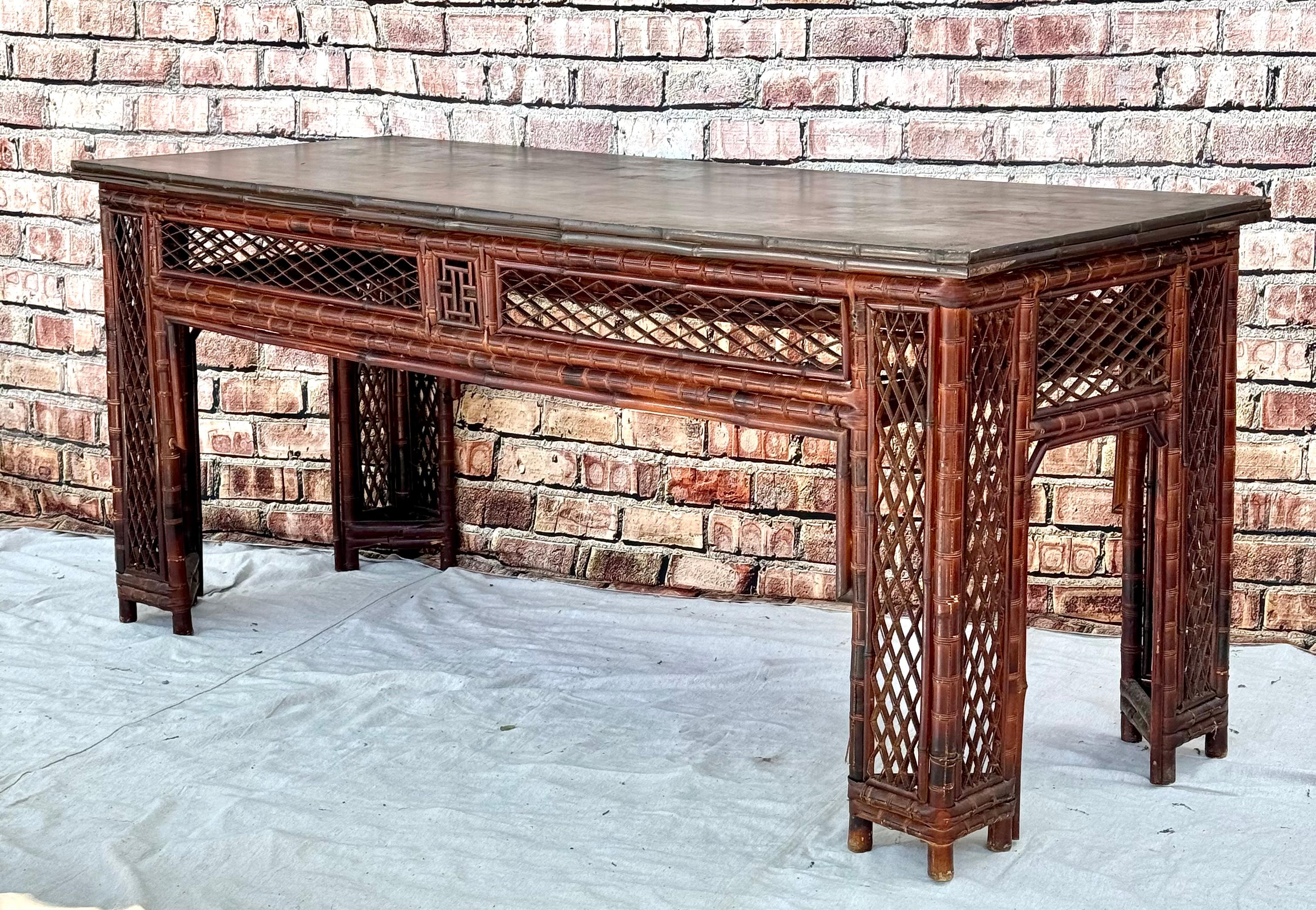  Chinese Export Bamboo Fretwork Library Table For Sale 7