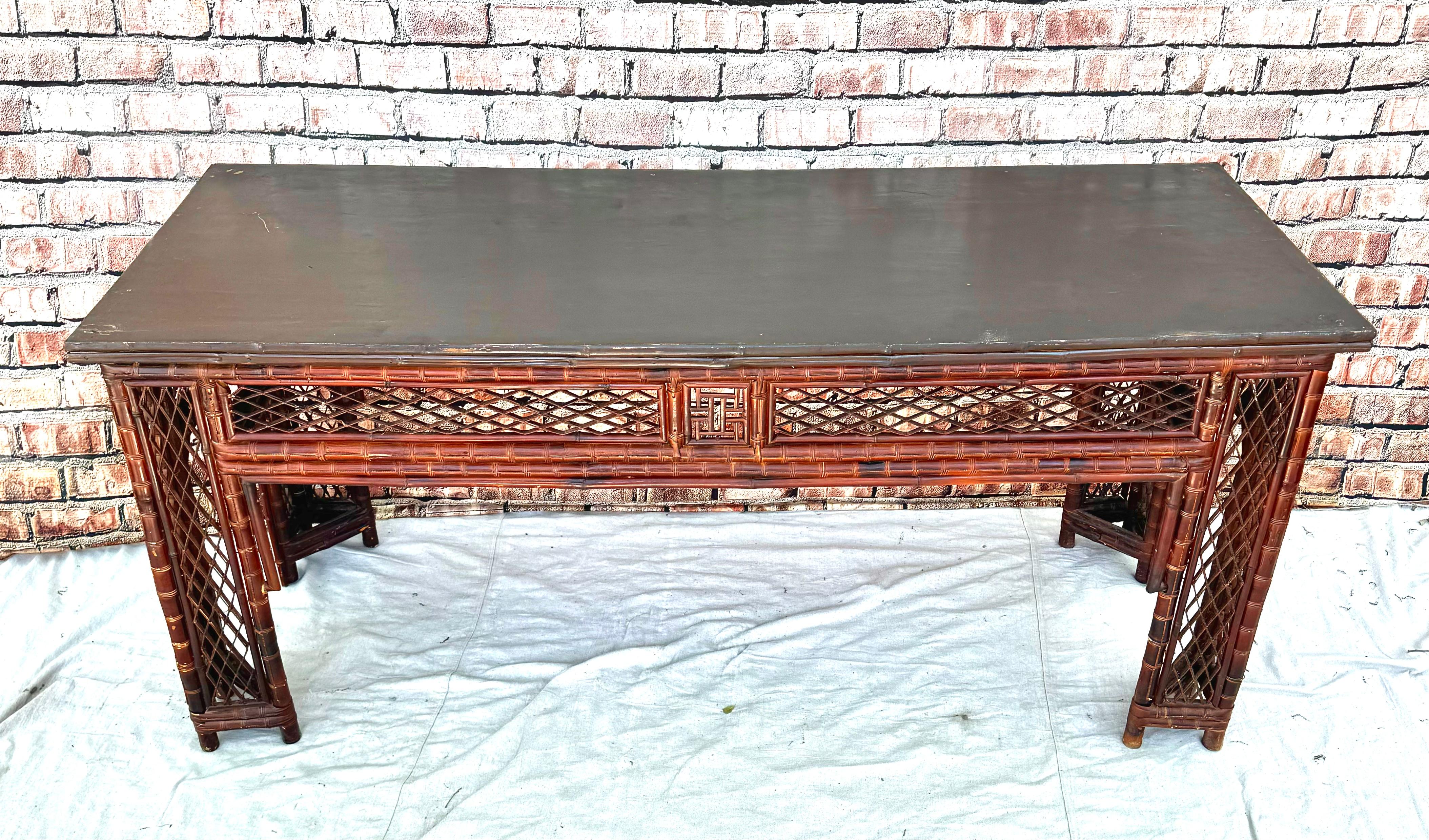 20th Century  Chinese Export Bamboo Fretwork Library Table For Sale